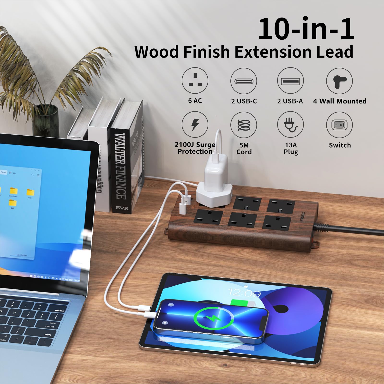 TOPREK Holzmaserung 6 Wege Verlängerungskabel mit USB-Steckplätzen, Überspannungsschutz, 2USB-A & 2USB-C & 1 Schalter, 13A/3250W, Braun Verlängerungskabel 5M für Home Office Küche