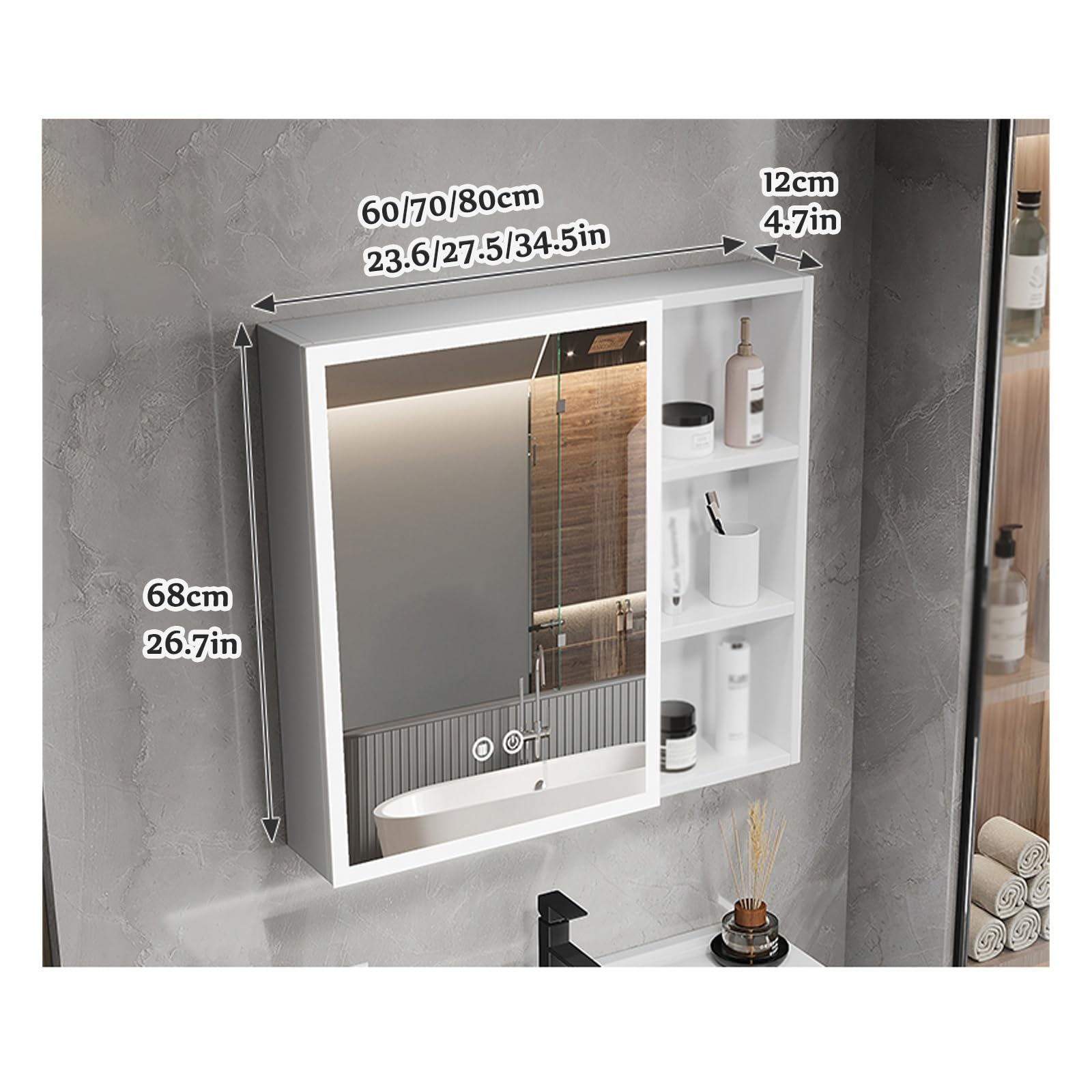 Armario grande con espejo de baño blanco con función antivaho, cristal de alta definición, amplio almacenamiento, 80 x 68 cm, elegante diseño montado en la pared
