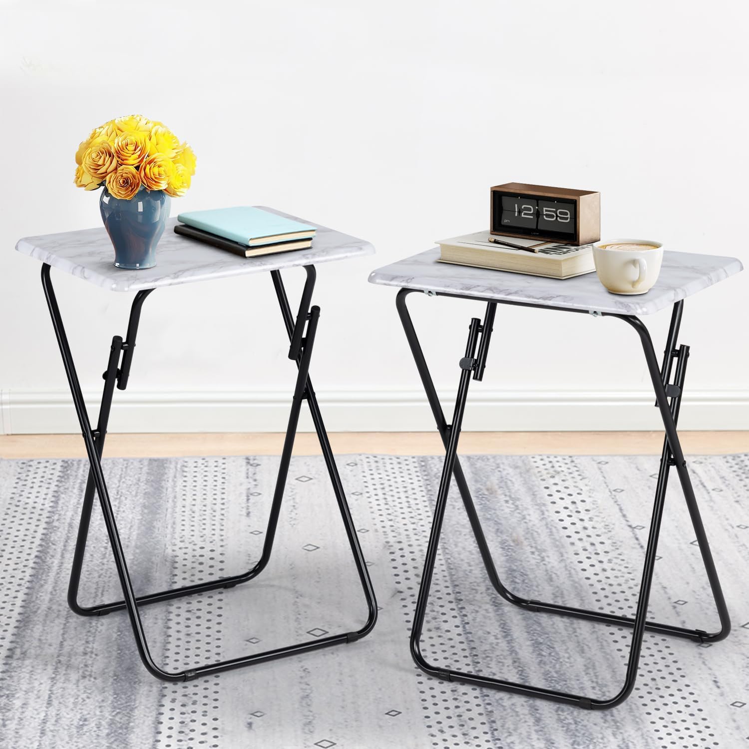 FurnitureR Folding TV Tray Tables, Foldable Side Table Dinner Trays, Marble Print Finish Snack Tables for Bed Couch Sofa, Stable Metal Frame, Space Saving, Set of 2, Marble White