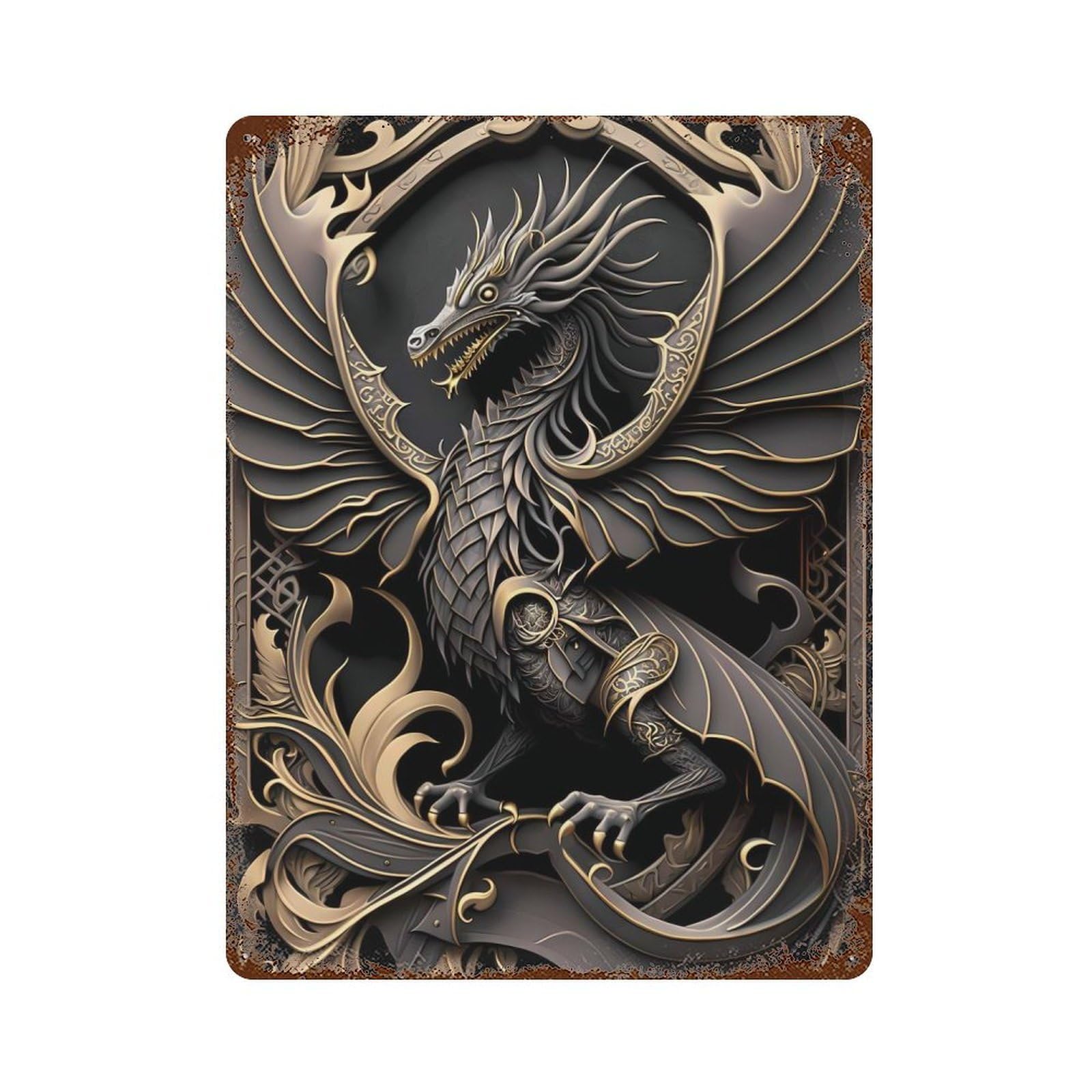 Imperious Dragon Lord Rust Effect Tin Sign 15.7"x11.8", Industrial Home Decor for Basement, Hobby Room And Garage Decor