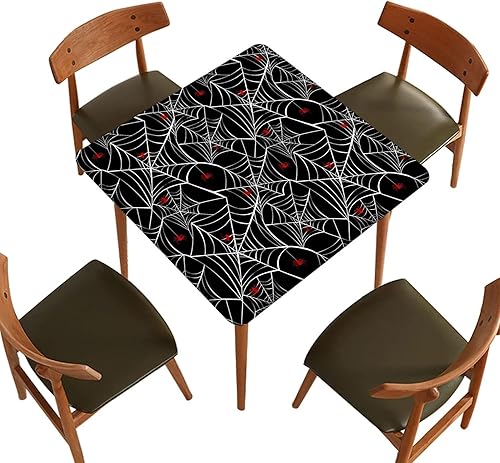 SongYi Manteles de poliéster ajustados de Halloween, cuadrados, con borde elástico, tela de araña, mantel decorativo para el hogar, a prueba de