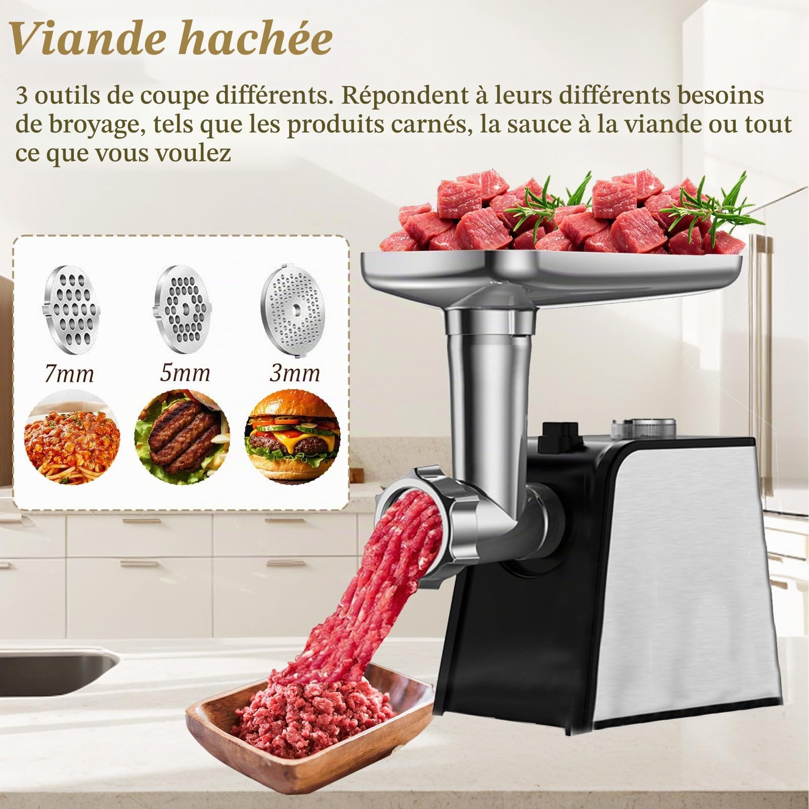Hachoir à viande électrique 3 en 1 avec poussoir à saucisse, hachoir à viande électrique avec 3 tubes de remplissage saucisses, 2 moules à boulettes, 2 lames en acier inoxydable, 3 plaques de hachage