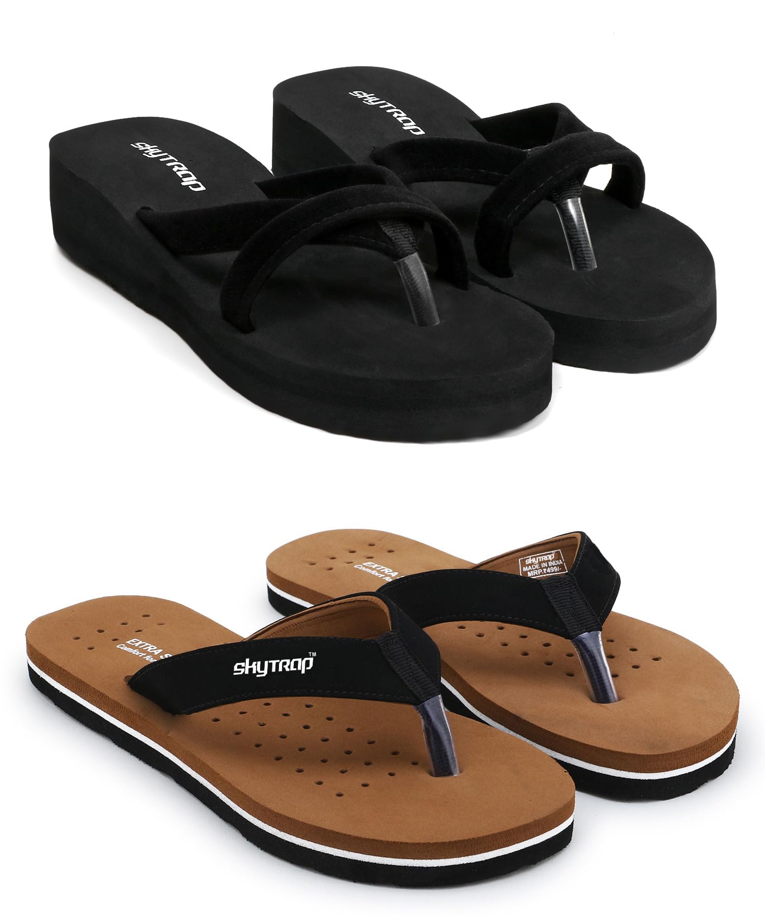skytrap Women Black Nubuck Slippers Flipflop Combo of 2-picture-36