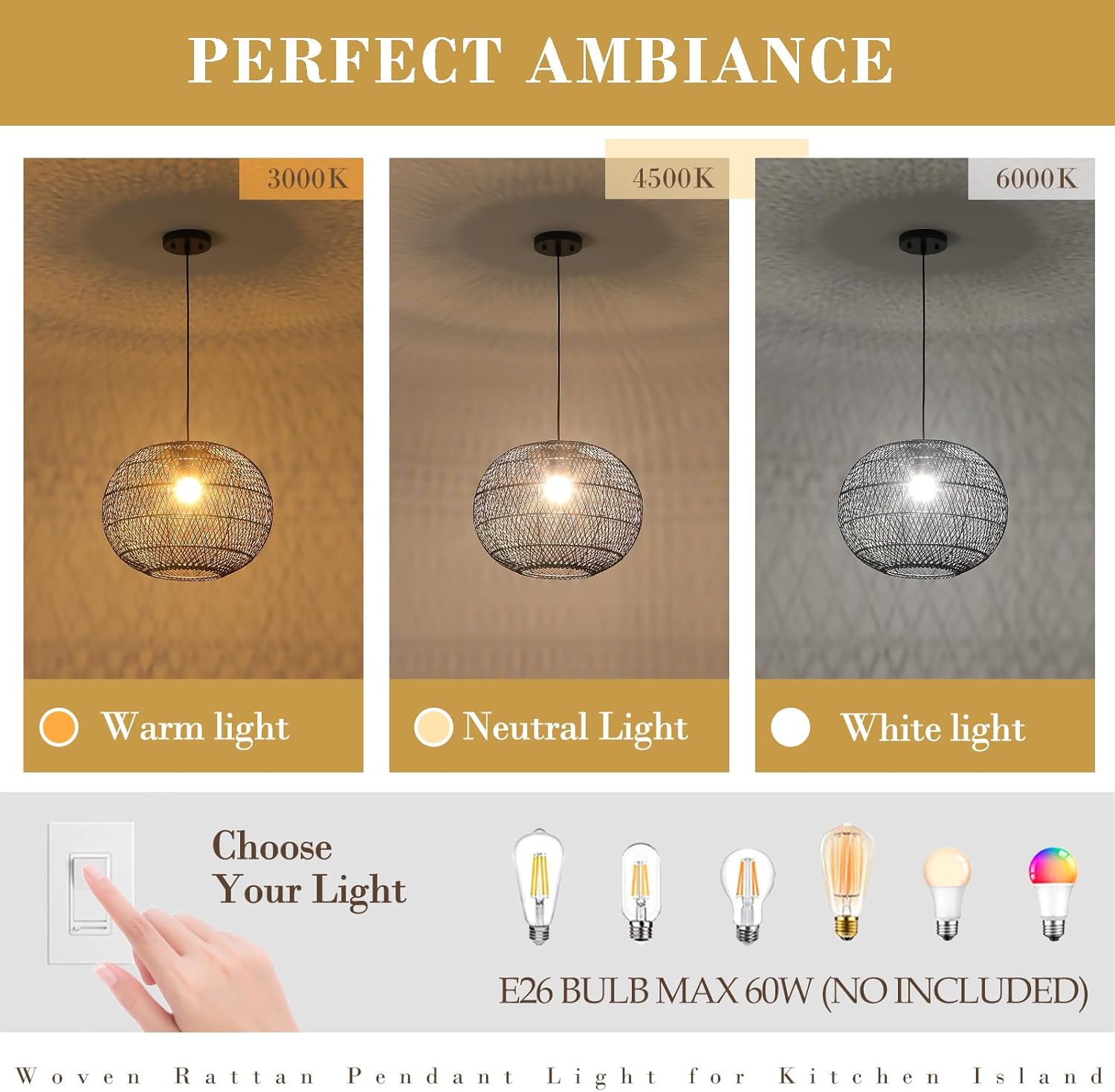 Black Rattan Pendant Light, 16in Globe Rattan Chandelier Boho Wicker Hanging Lighting Fixture Black Woven Chandelier for Dining Room Kitchen Island Living Room Bedroom Foyer Entrance