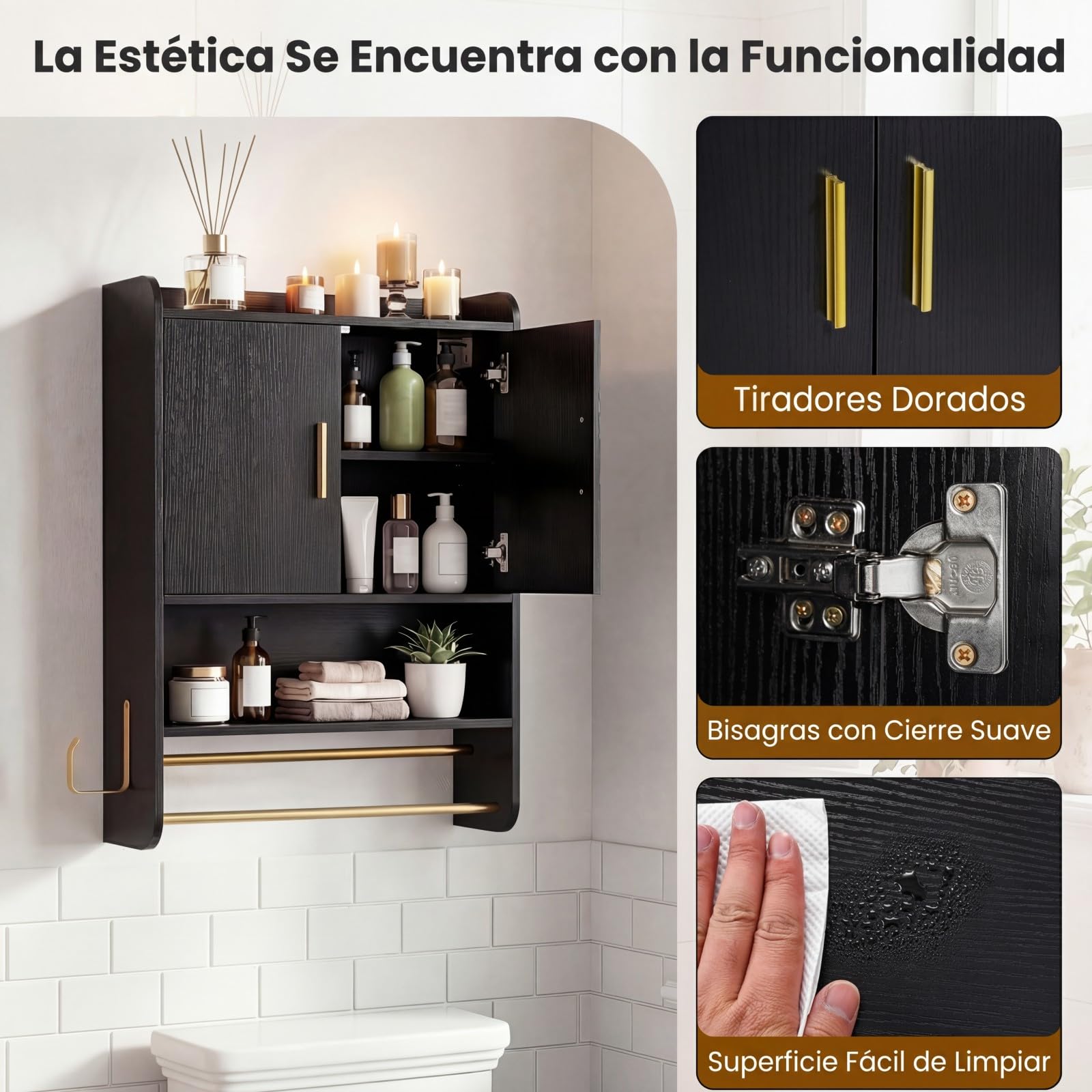 COSTWAY Armario de Pared para Baño, Armario de Almacenamiento con Puertas, Estante Ajustable, Compatimento Abierto, Barra para Colgar, Mueble Colagnte para Cocina, Salón, 55 x 20 x 80 cm (Negro)