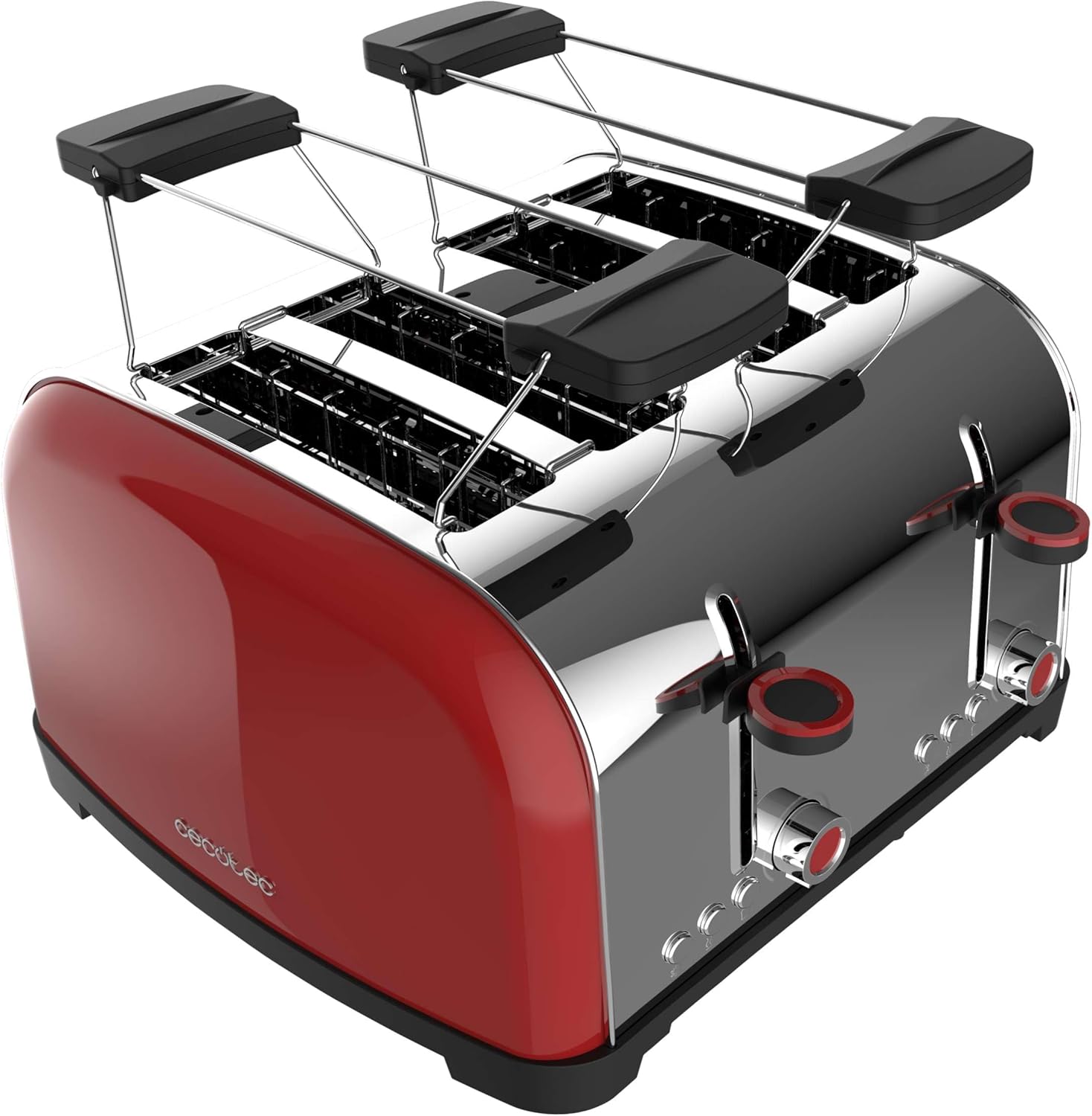 Cecotec Tostapane verticale Toastin' time 1700 Double Red, 1700W, Doppia fessura corta e larga 3,8 cm, Barre superiori, Acciaio Inoss, Spegnimento e Pop-up Automatico, Raccogli-briciole 4 Fessura corti + Stecche Red - Immagine 2