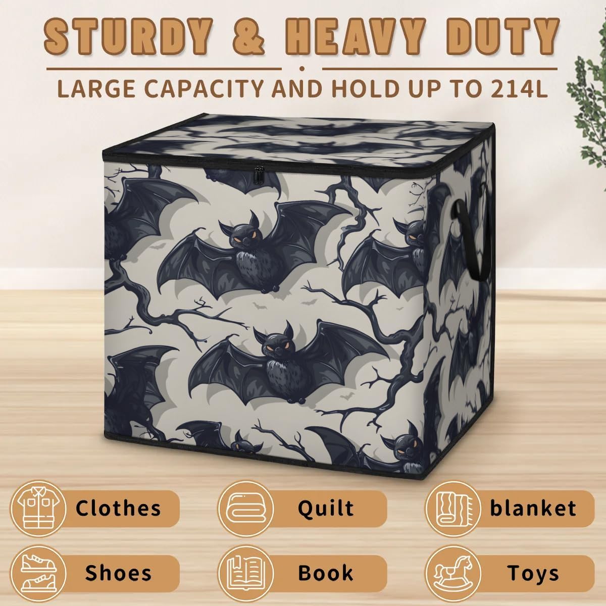 Honeybaby 214L Extra Large Comforter Storage Bag Halloween Cartoon Bats Storage Totes with Lids Waterproof Closet Organizer Folding Blanket Storage Bags for Clothes Bedding Pillows