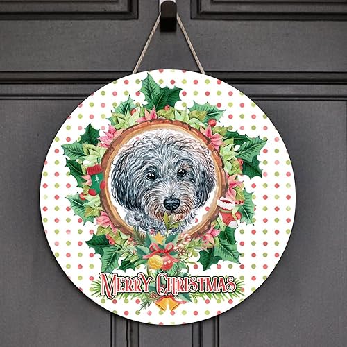 Miniatura 9 de Arupkeer Welcome Sign Merry Christmas Wreath American Bully Dog Round Wooden Signs Santa Suit Wood Hanging Plaque Rustic Wood Hanging Sign