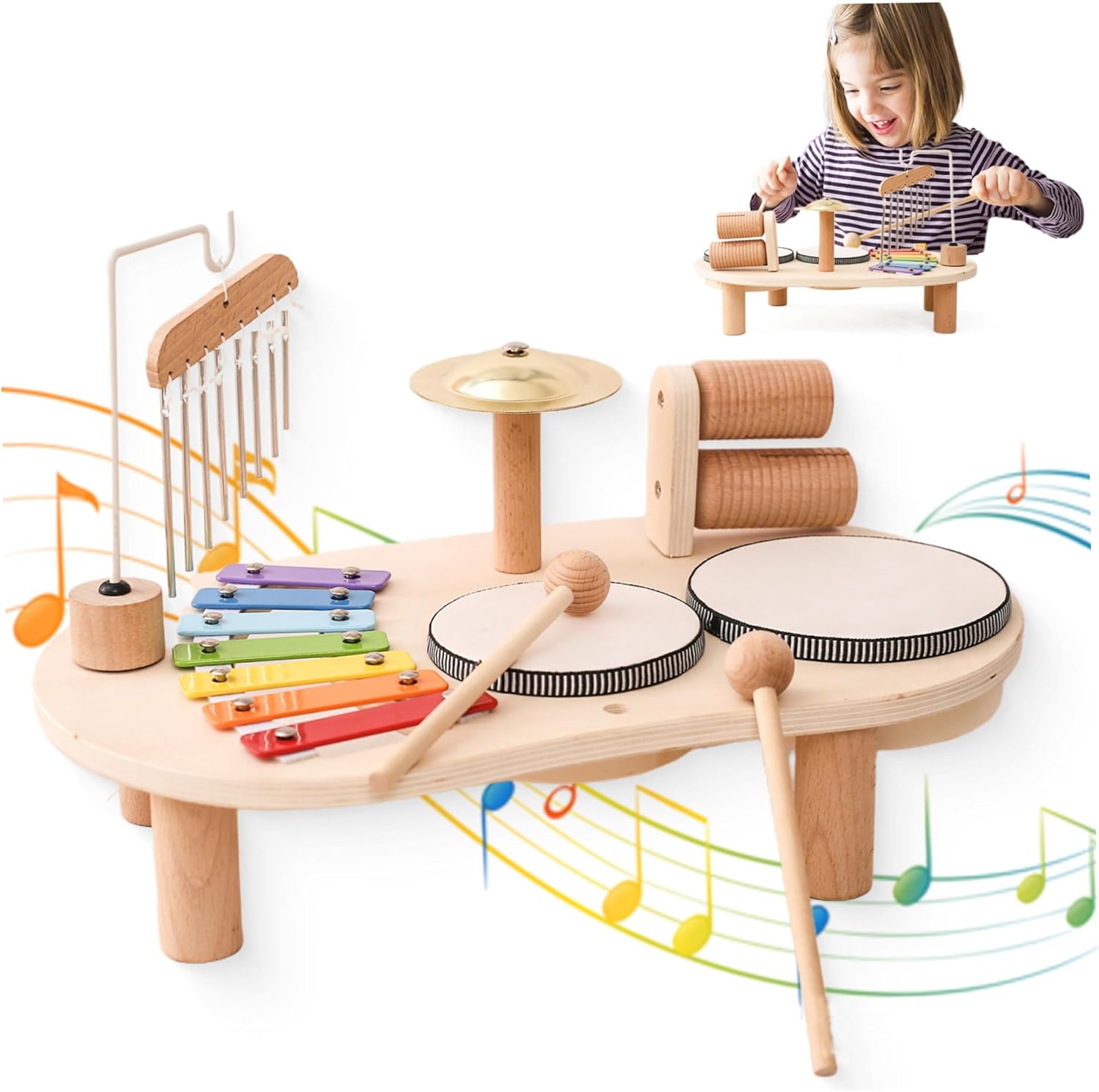 Kids Drum Set 5 in 1 Wooden Toddler Drum Set Educational Kids Musical Instruments Baby Safe Enlightening Percussion Instruments for Birthday