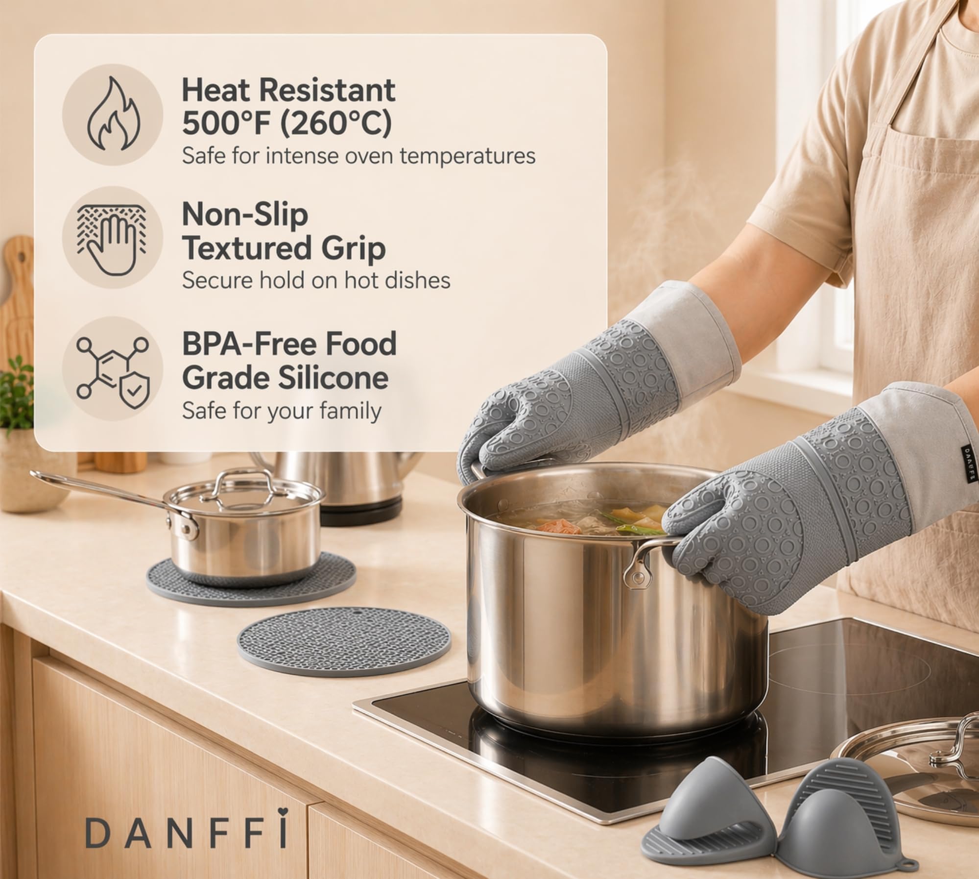 Juego de guantes de horno de silicona y soportes para ollas, guantes de cocina resistentes al calor, agarre texturizado antideslizante, silicona flexible con forro de algodón suave (6 piezas