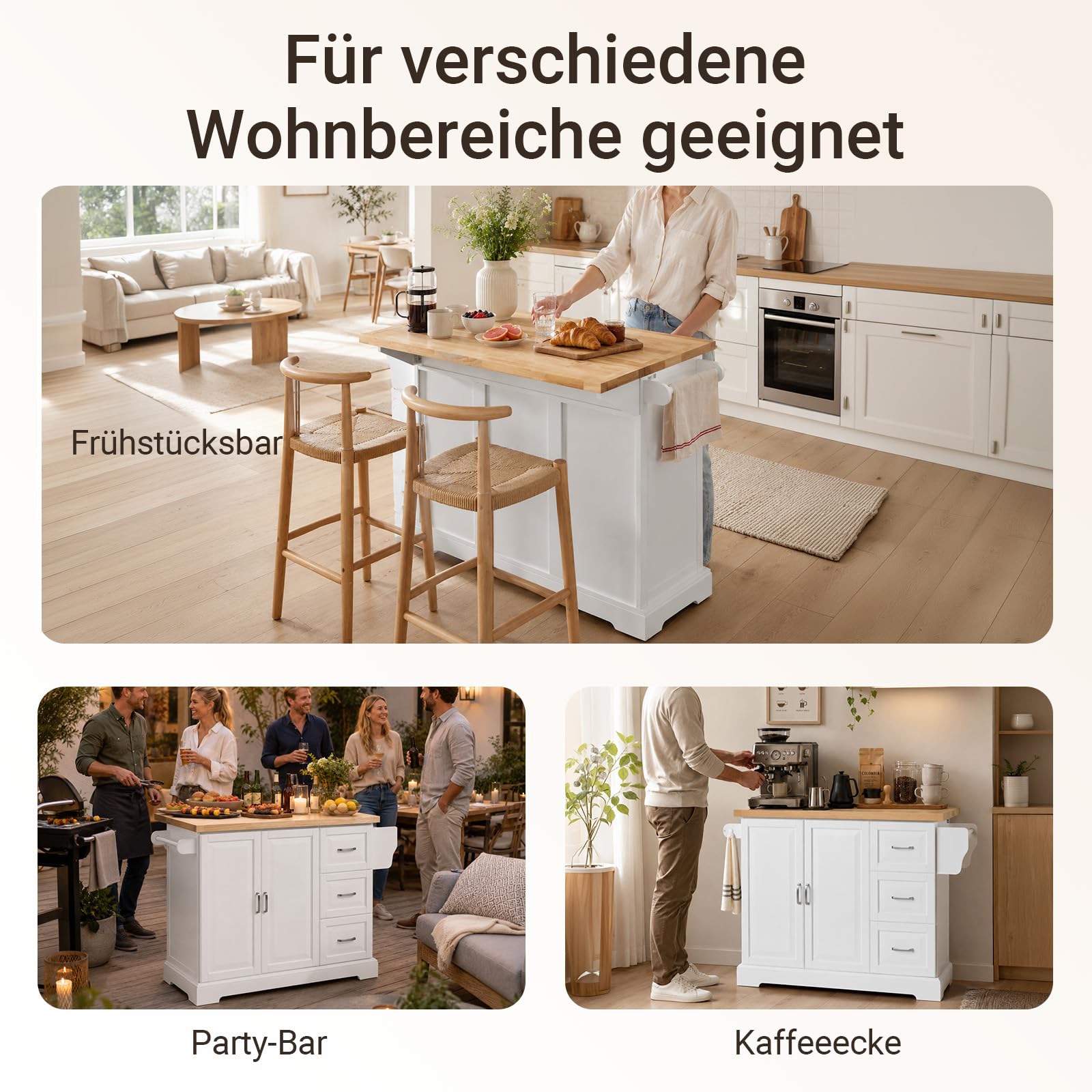 SoBuy Kücheninsel mit Rollen, mobiler Küchenwagen mit ausklappbarer Massivholz-Arbeitsplatte und 3 Schubladen, mobiler Küchenschrank für kleine Küchen und Familien, Weiß, 130x91x(46-71) cm FKW41-II-WN