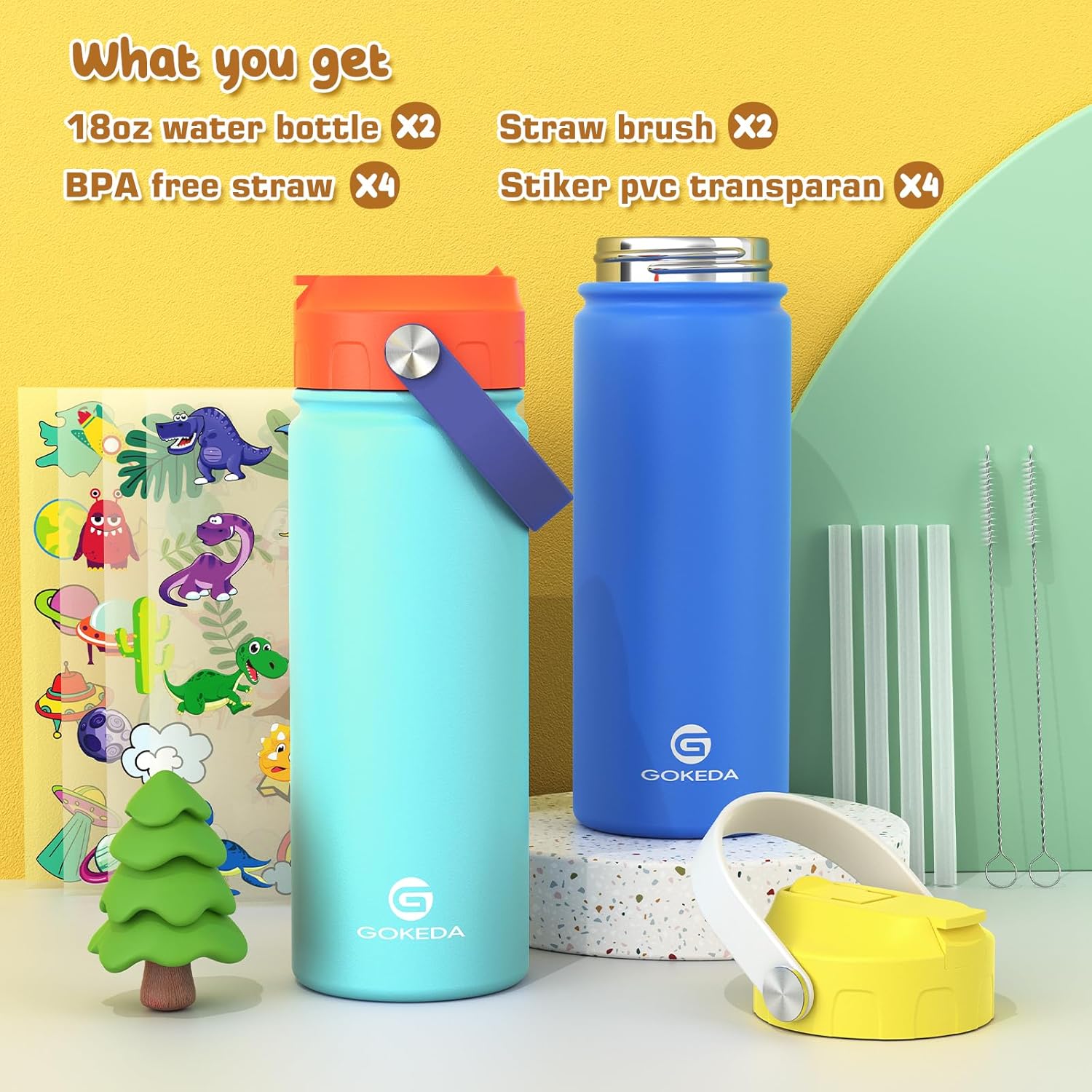 18oz Kids Water Bottle, 2 Pack Insulated Bottles with Stickers, 18/8 Stainless Steel Vacuum Leak Proof Straw Cup for School, Gifts for Boys Girls(Yellowe+Orange) - Image 3