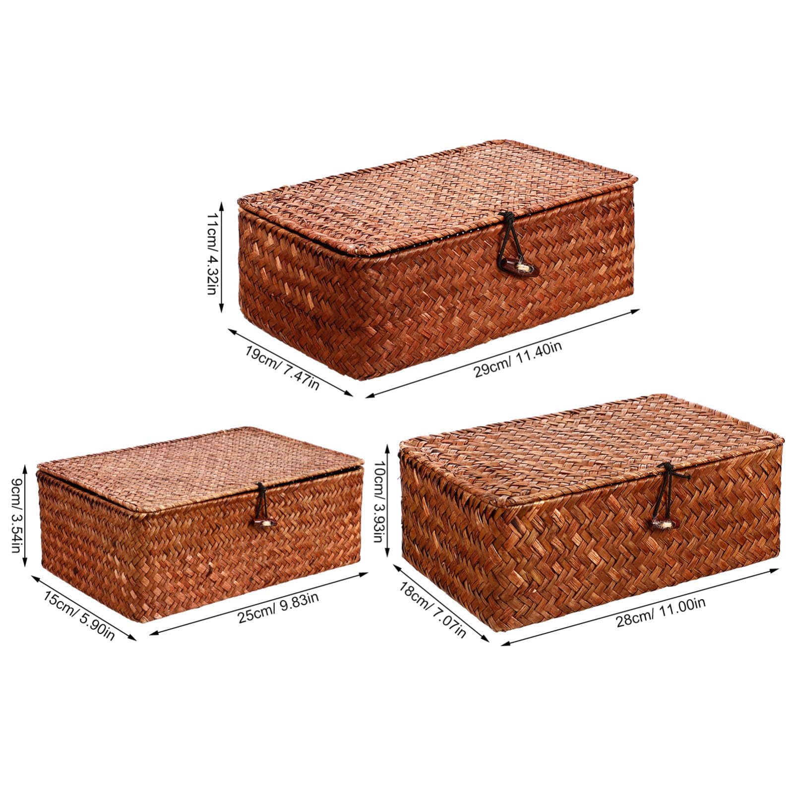 OUNONA cajas de almacenamiento, cesta con tapa de almacenamiento decorativa, juego de 3 piezas, hierba marina, coffee, hand-woven, sala de estar
