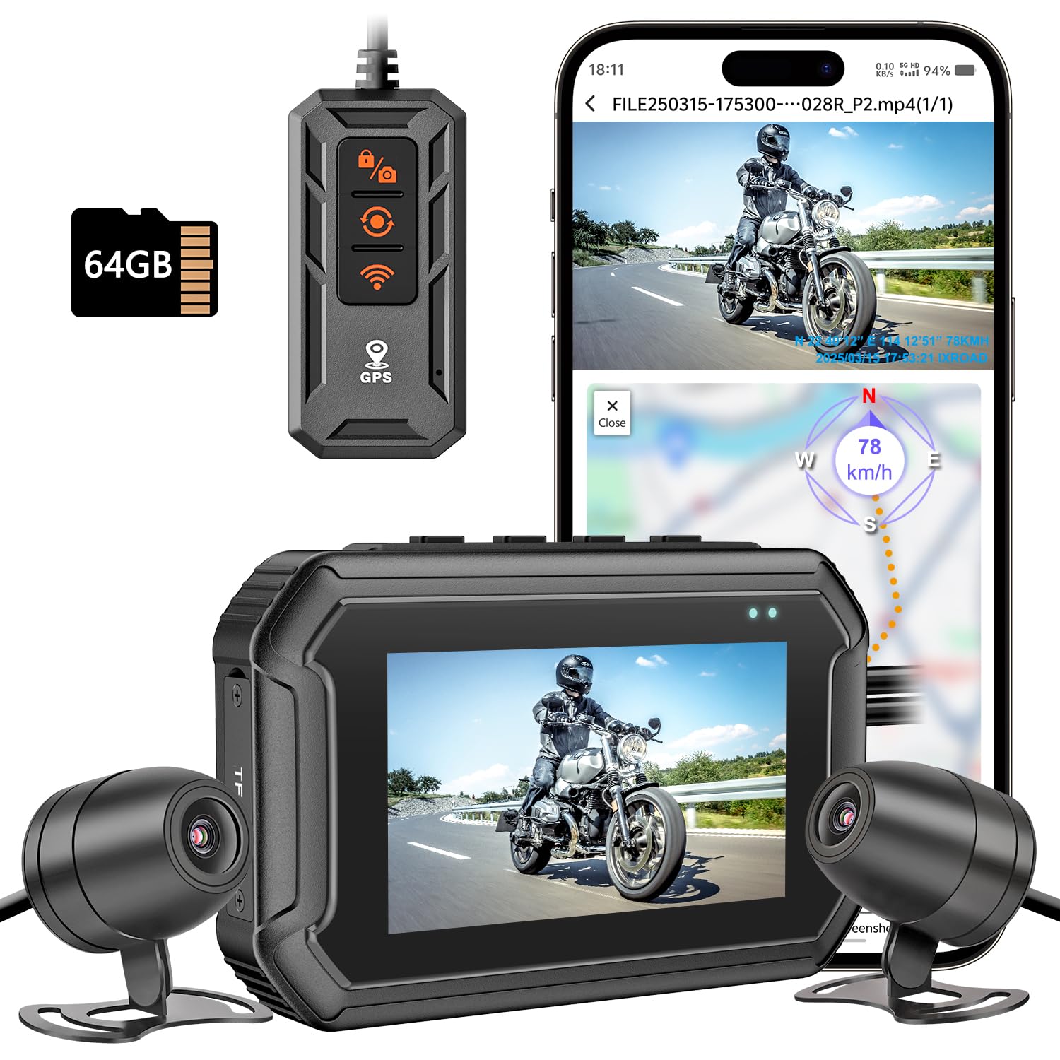 Dashcam Motorrad wasserdicht mit GPS-Logger, 1080P Motorrad Kamera vorne und hinten mit Parküberwachung, App-Steuerung, Fernbedienung, inkl. 64 GB TF-Karte