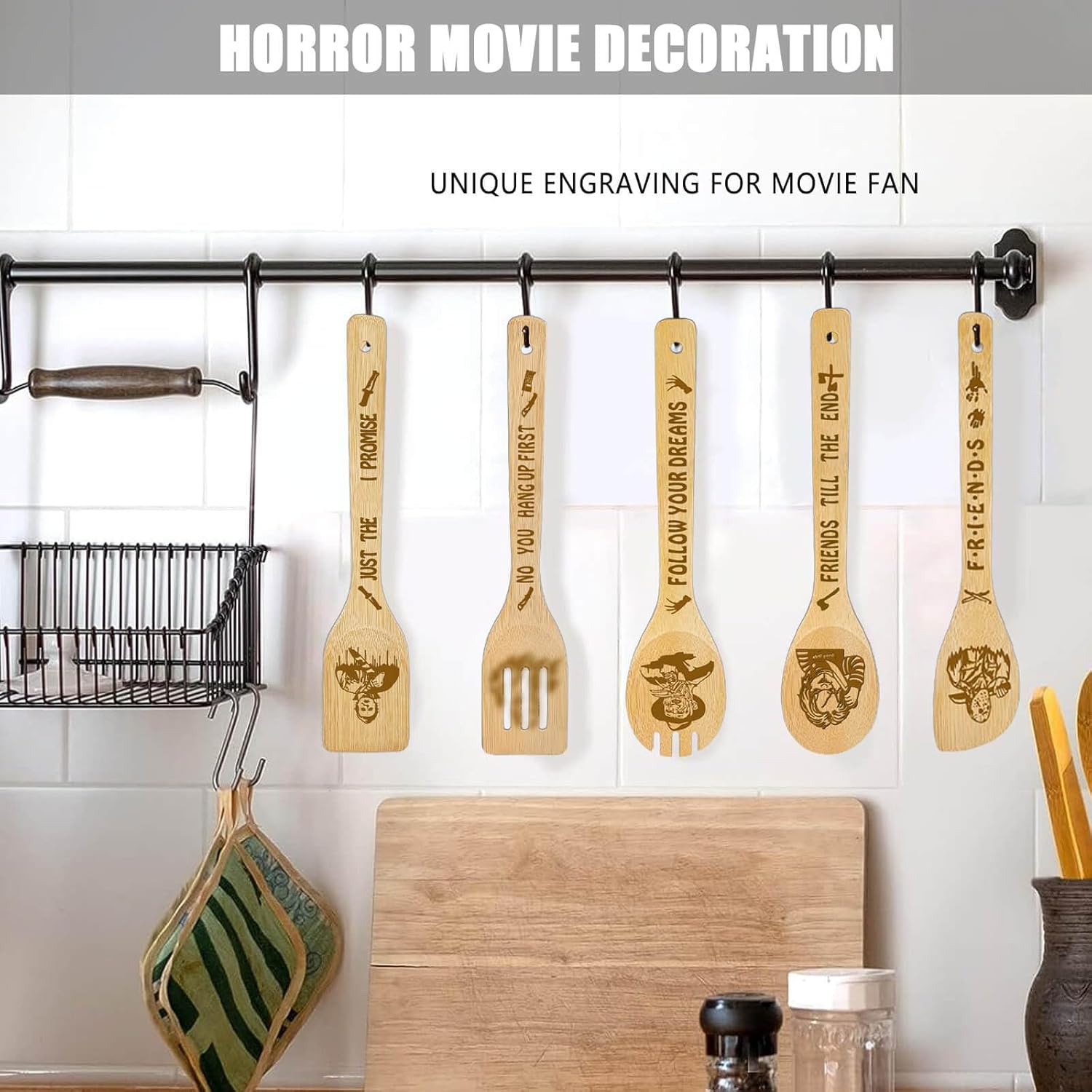 Horror Movie Merchandise Decor Christmas Gifts Wooden Spoons for Cooking, Natural Bamboo Kitchen Decorations Set 5 Pack for Women Man Birthday Fan Lover Gift Holiday Scary Party Accessory - Image 7