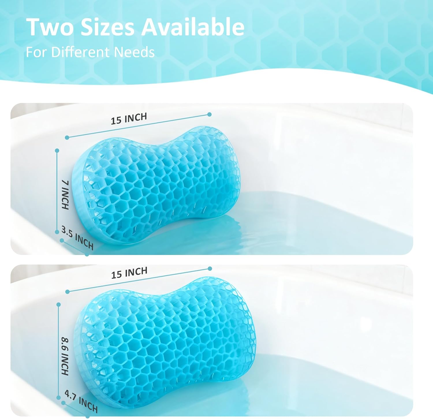 Sunlit Bath Jello Gel Bath Pillows, Lumbar Pillow for Bathtub, Back Support Pillow, Gel Pillow with Non-Slip Suction Cups for Lumbar, Back Rest Support, Fits Curved or Straight Back Tubs, Aqua