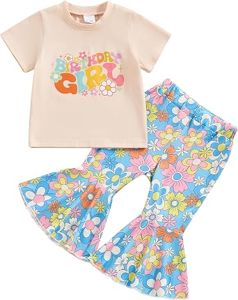 Kupretty Easter Outfits for Toddler Girls Clothes Bunny T-Shirt Tee Tops + Flare Pants + Headband Baby Bell-bottoms Set