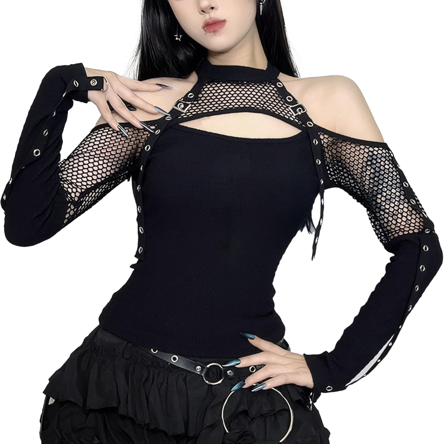 FEOYA Gothic Shirts for Women Harajuku Fashion Grunge Punk Clothes Egirl Anime Emo Shirt Mall Goth Y2K Crop Top