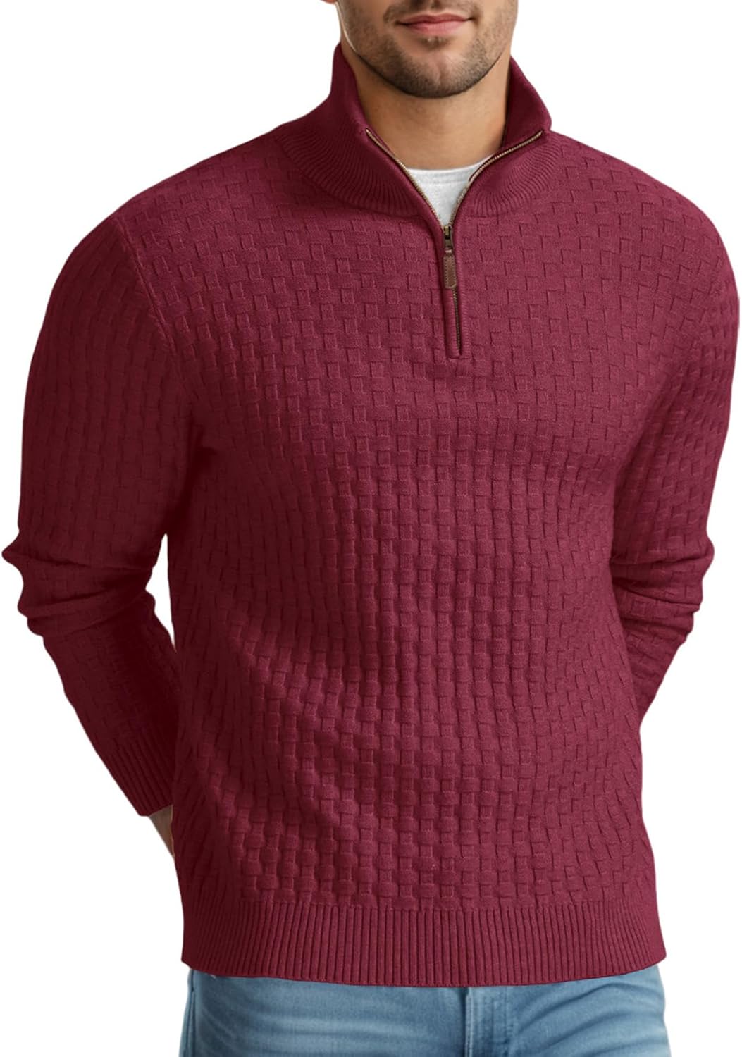 Askdeer Men's Quarter Zip Sweater Waffle Knit Sweater Mock Neck Polo Sweater Casual Pullover Sweater with Ribbing Edge