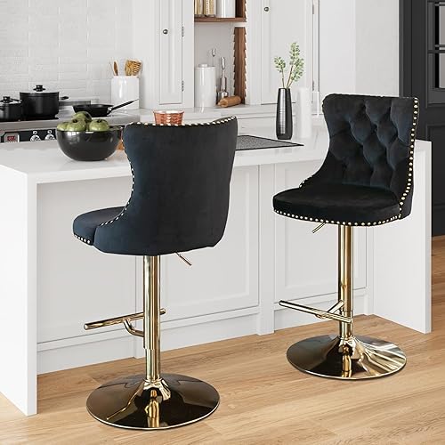 Miniatura 89 de Aoowow Juego de 2 taburetes de bar giratorios ajustables con respaldo de terciopelo copetudo, sillas de bar modernas tapizadas con cabeza de clavo