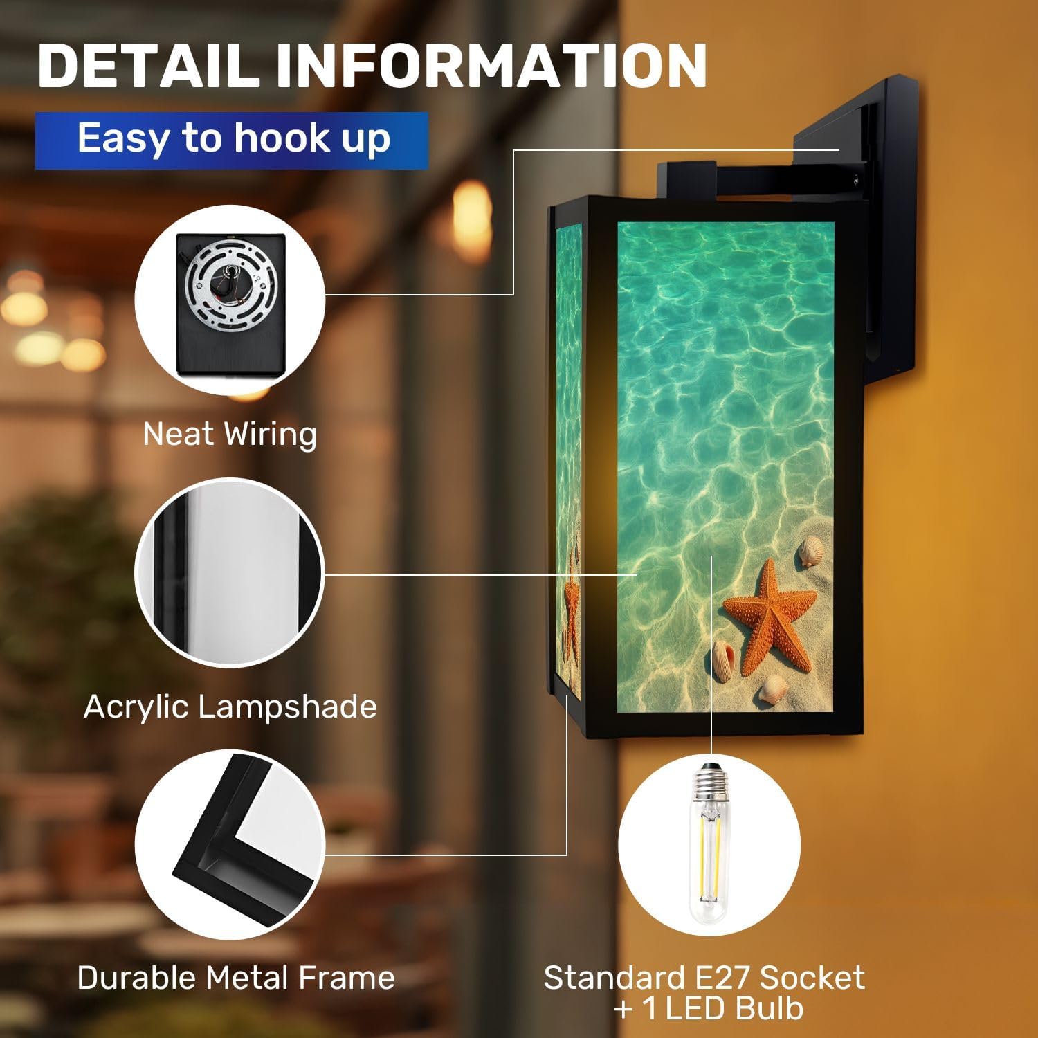 Outdoor Wall Light Fixtures Starfish Seashell Summer Beach sea Water Summer Exterior Waterproof Wall Sconce Lantern with Acrylic Shades Anti-Rust Lamp for Patio Doorway Garage