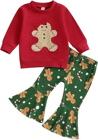 Toddler Little Girl Christmas Outfit Bow Tree Print Long Sleeve Sweatshirt Flared Trousers 2 Piece Winter Fall Set