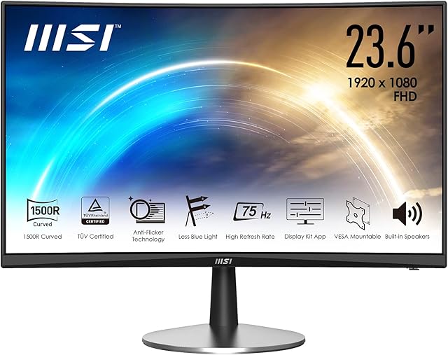 MSI PRO MP242C 23.6'' Curved Monitor, Adjustable, 1500R, FHD(1920 x 1080), 75Hz, VA, 5ms, HDMI, VGA, Built-in Speakers, Anti-Glare, Anti-Flicker, Less Blue light, TÜV Certified, VESA, Kensington
