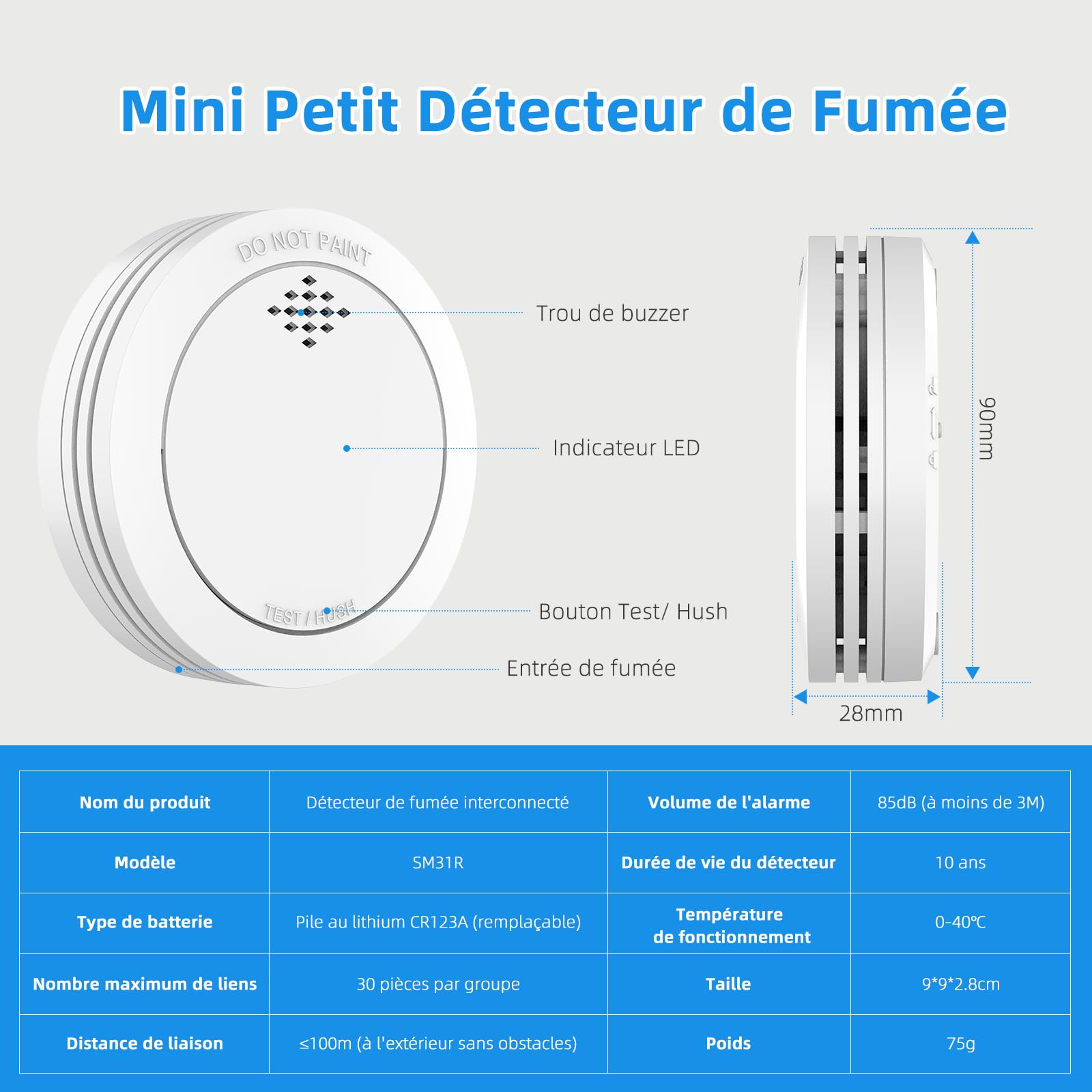 Détecteur de fumée avec Support magnétique, 10 Ans　Alarme Incendie connectée certifiée TÜVRheinland avec Batterie remplaçable, Alarme sonore de 85 DB, Fonction Silence pour la Maison - 3 pièces