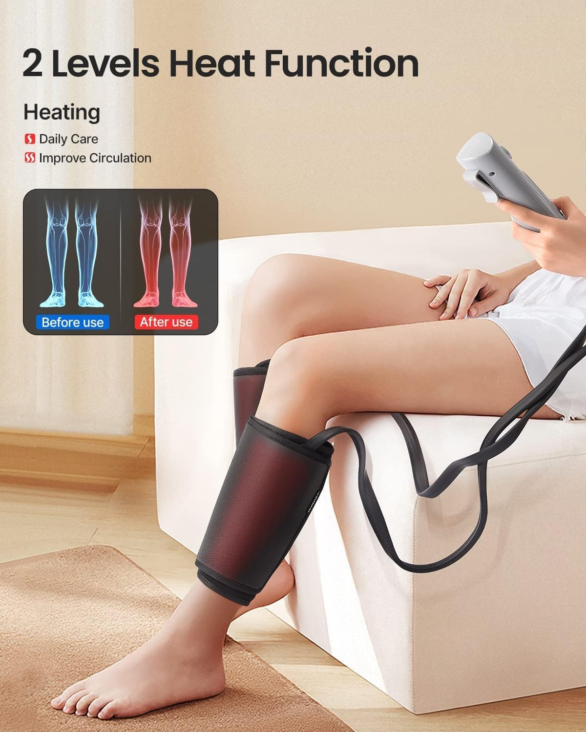 Renpho Leg Massager with Heat, Pu Leather Easy to Clean, Compression Calf Thigh Foot Massage, Adjustable Wrap fit Most Size, 2 Heating, 3 Modes, 3 Intensities, Gifts for Father Mother Men Women