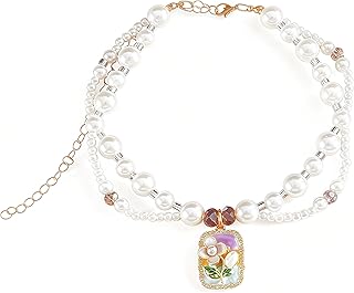 Pearl Cat Collar for Girl Cats, Kitten Collar Adjustable Pearl Collars with Gemstone Small Rhinestone for Dogs and Cats (Purple)