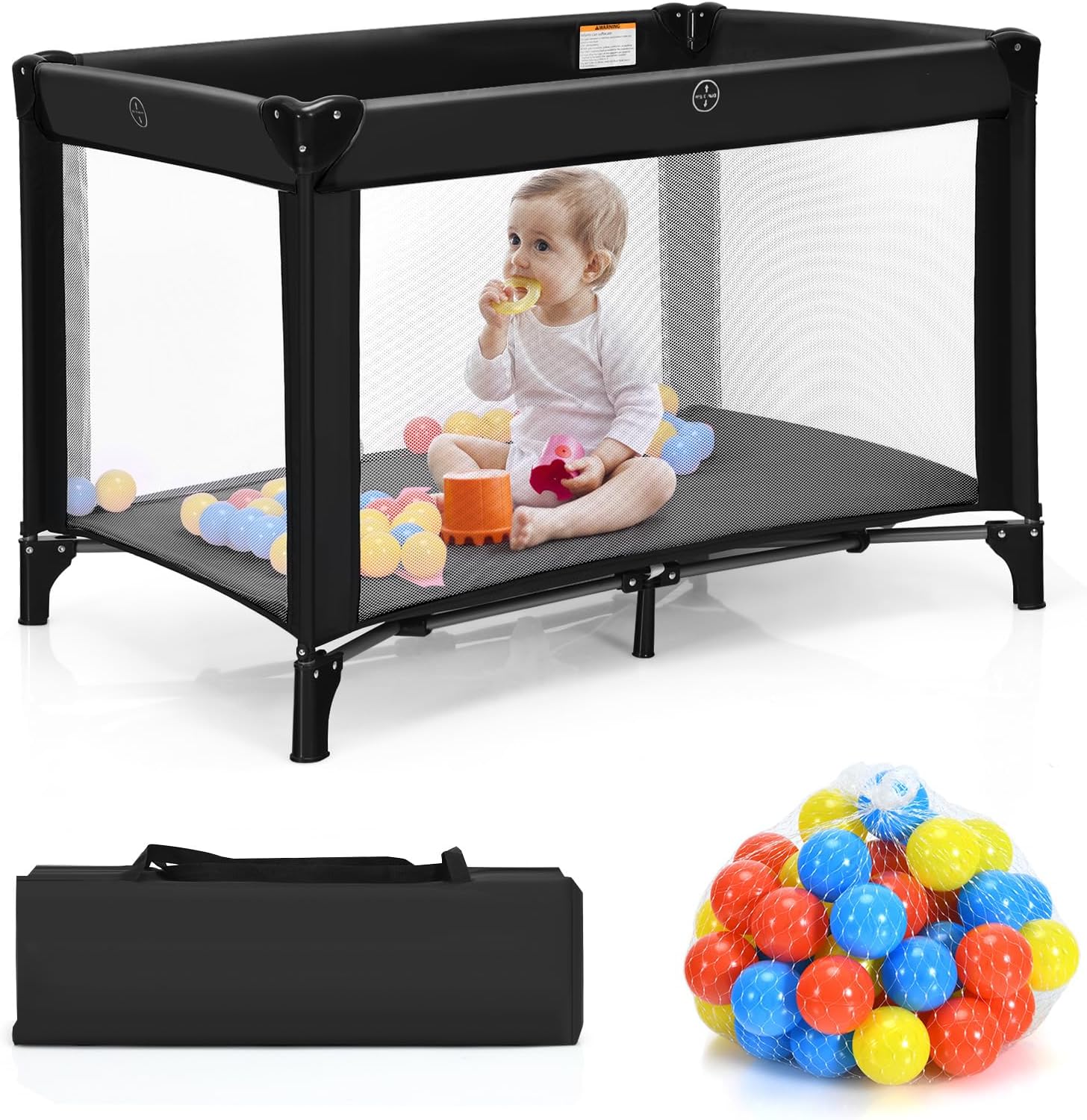 COSTWAY Travel Cot, 110 x 76cm Folding Baby Bed with Mattress, 50 Ocean