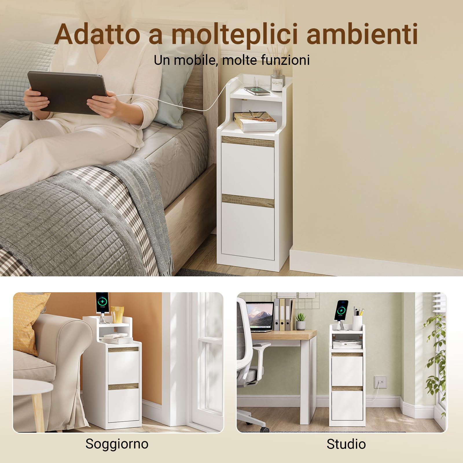 SoBuy comodino stretto con ricarica e Lampada LED touch, 22x34x60.5cm | 22cm Tavolino salotto con USB & Type-C, barra LED dimmerabile USB cavo 1,8 m, battiscopa e antiribaltamento, FBT178-E-WN