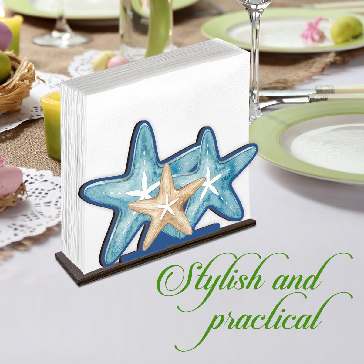Summer Starfish Design Napkin Holder for Table - Funny Coastal Starfish Decor Wooden Napkin Holder for Home Kitchen Dining Table Restaurant Bar