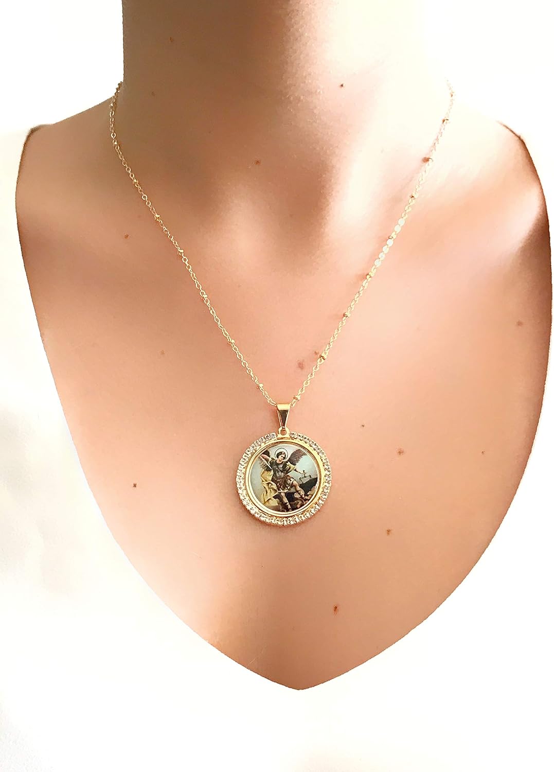 LESLIE BOULES St Michael The Archangel Pendant Necklace 18K Gold Plated Chain 18 Inches Length - Image 5