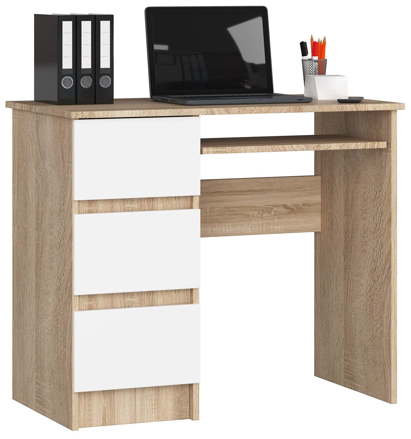 AKORD Scrivania A-6 Con Ripiano per Tastiera e 3 Cassetti a Sinistra o a Destra | Scrittoio per Ufficio | Scrivania per Computer PC Laptop| Salvaspazio | L90xH77xP50 cm 30 kg | Rovere Sonoma/Bianco