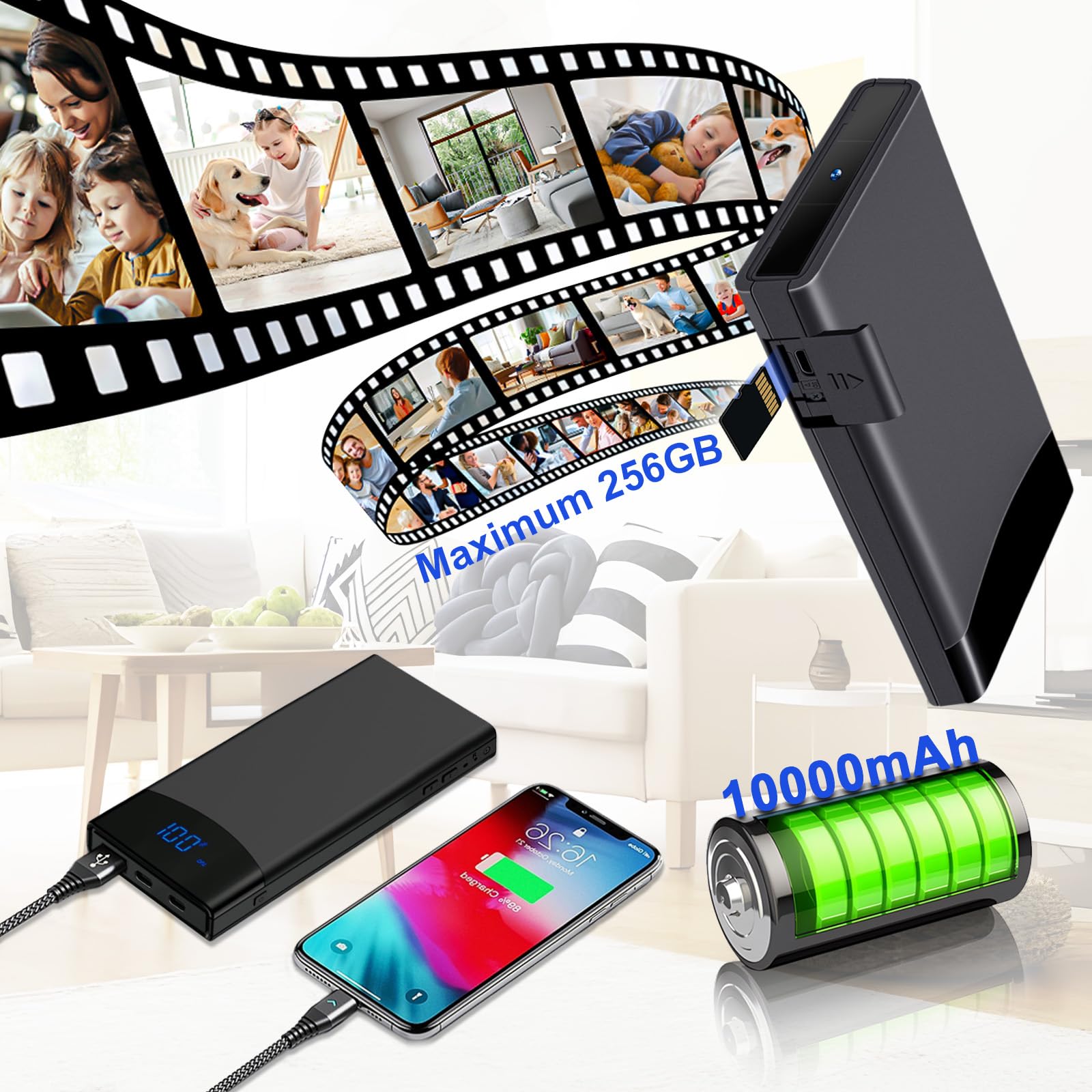 Mini Telecamera Nascosta HGYGHO 64GB – Powerbank 10000mAh, 1080P, Visione Notturna, Registrazione A Movimento, Senza WiFi