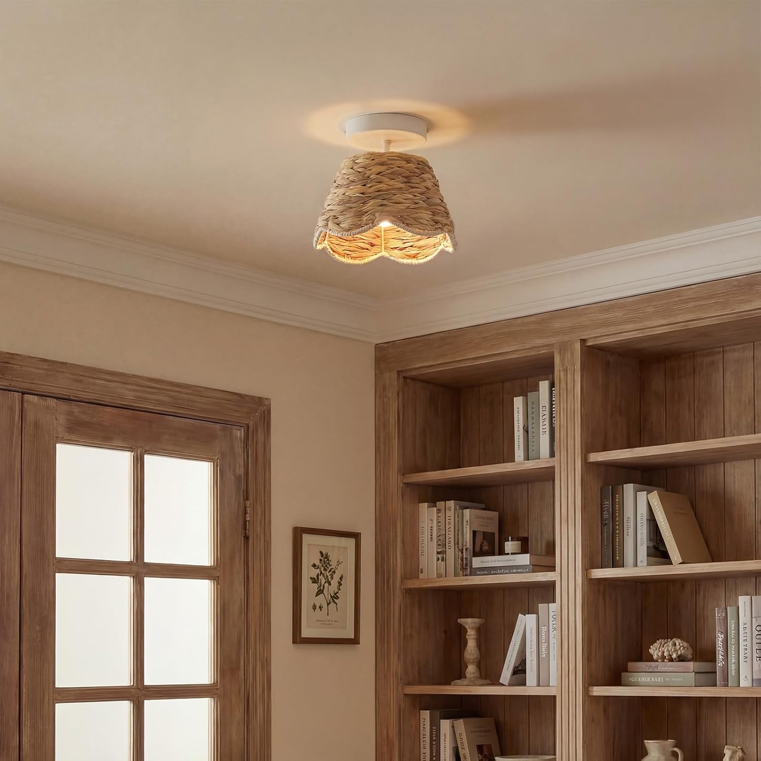 Handwoven Rattan Semi Flush Mount, Farmhouse Ceiling Light with White Metal Ceiling Mount, Natural Wicker Basket Ceiling Lamp for Bedroom, Kitchen, Boho Home Decor (10.2" D x 6.7" H)