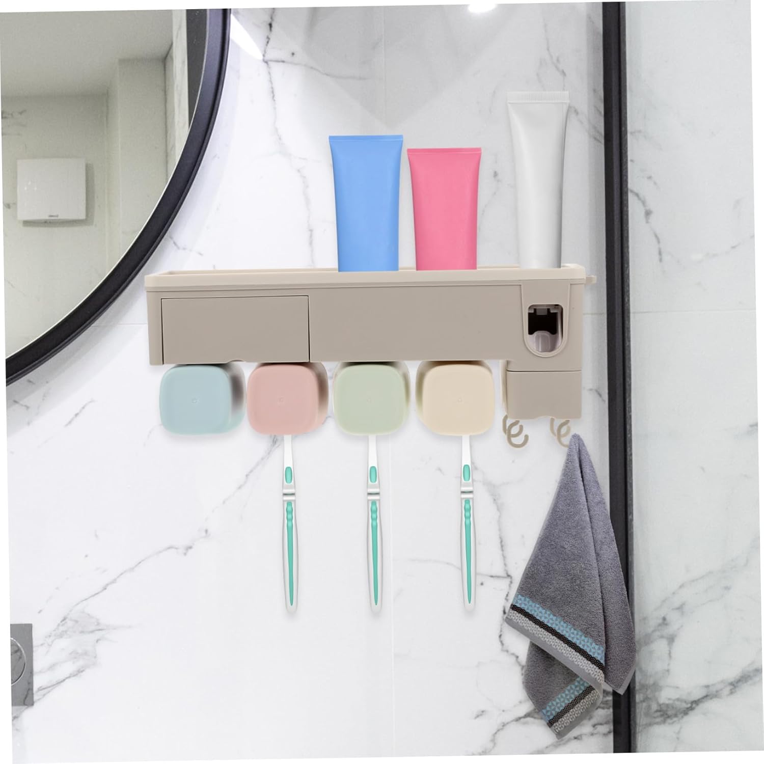 Cabilock Automatic Toothpaste Squeezer with Wall-Mounted Toothbrush Holder for Bathroom Storage Rack Multifunctional Organizer for Toothbrushes Cosmetics and Shavers and Practical Design