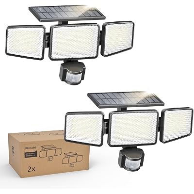 Philips Solar Security Light Outdoor 302 LED 1200lm,Solar-Powered Waterproof Wall-Mounted Flood Light w/PIR Motion Sensor, 3 Heads, IP65 Waterproof, 3 Modes (2 Packs)
