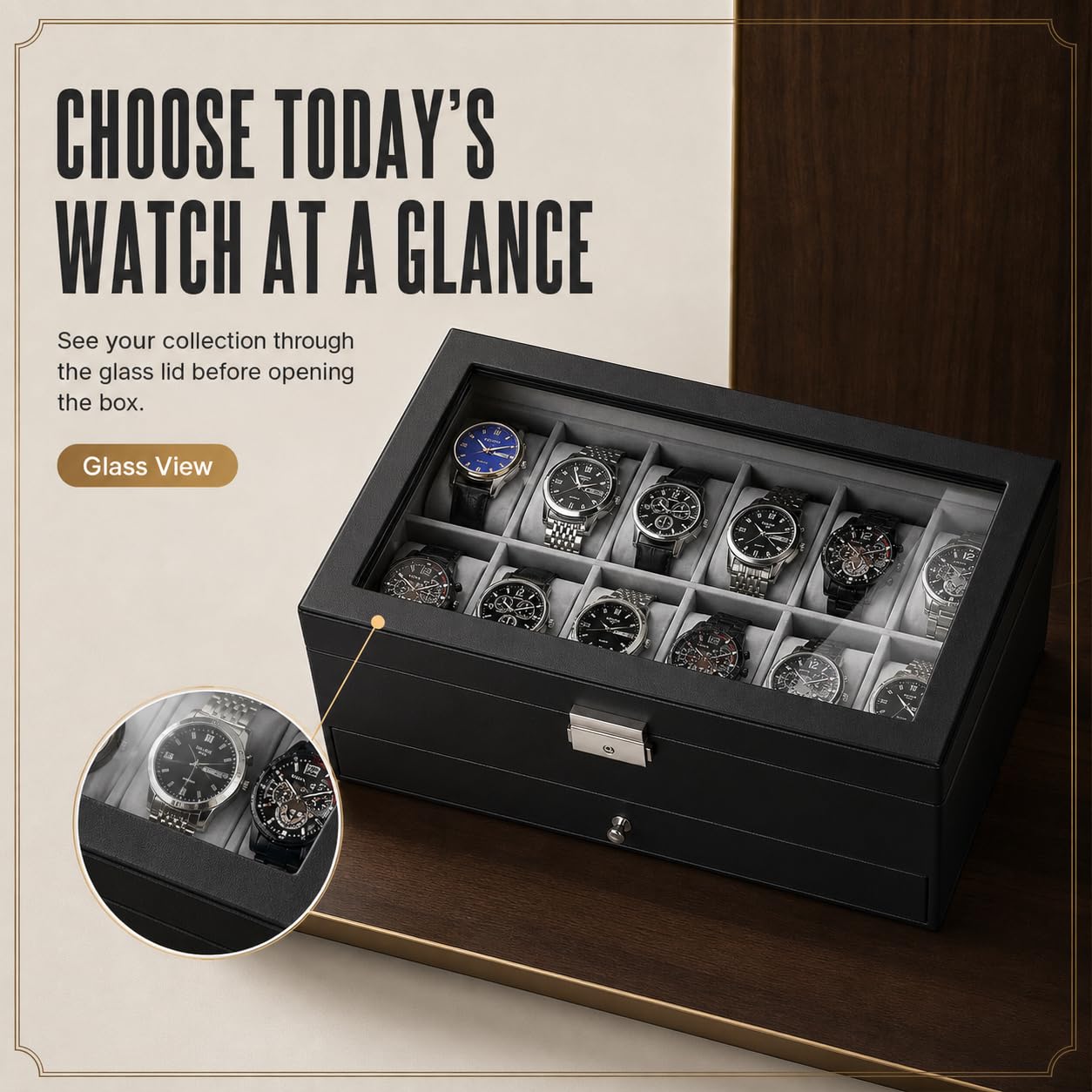 GUKA Caja de reloj con 12 ranuras, organizador de exhibición de relojes de cuero, caja de joyería con cajón de cristal para hombres y mujeres, niños, marido, papá