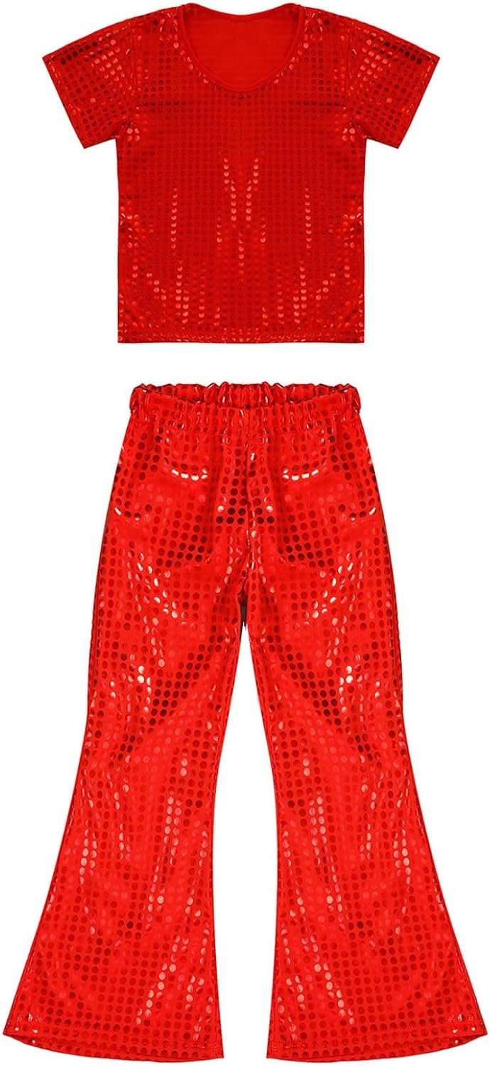 Boys Girls 2-Piece Hip Hop Dance Outfits Kids Shiny Metallic Short Sleeve Tops and Flared Pants Set Playwear