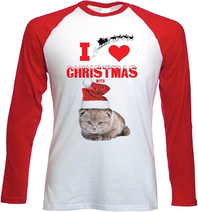teesquare1st Men's I Love Christmas with Kitty CAT 1 Red Long Sleeved T
