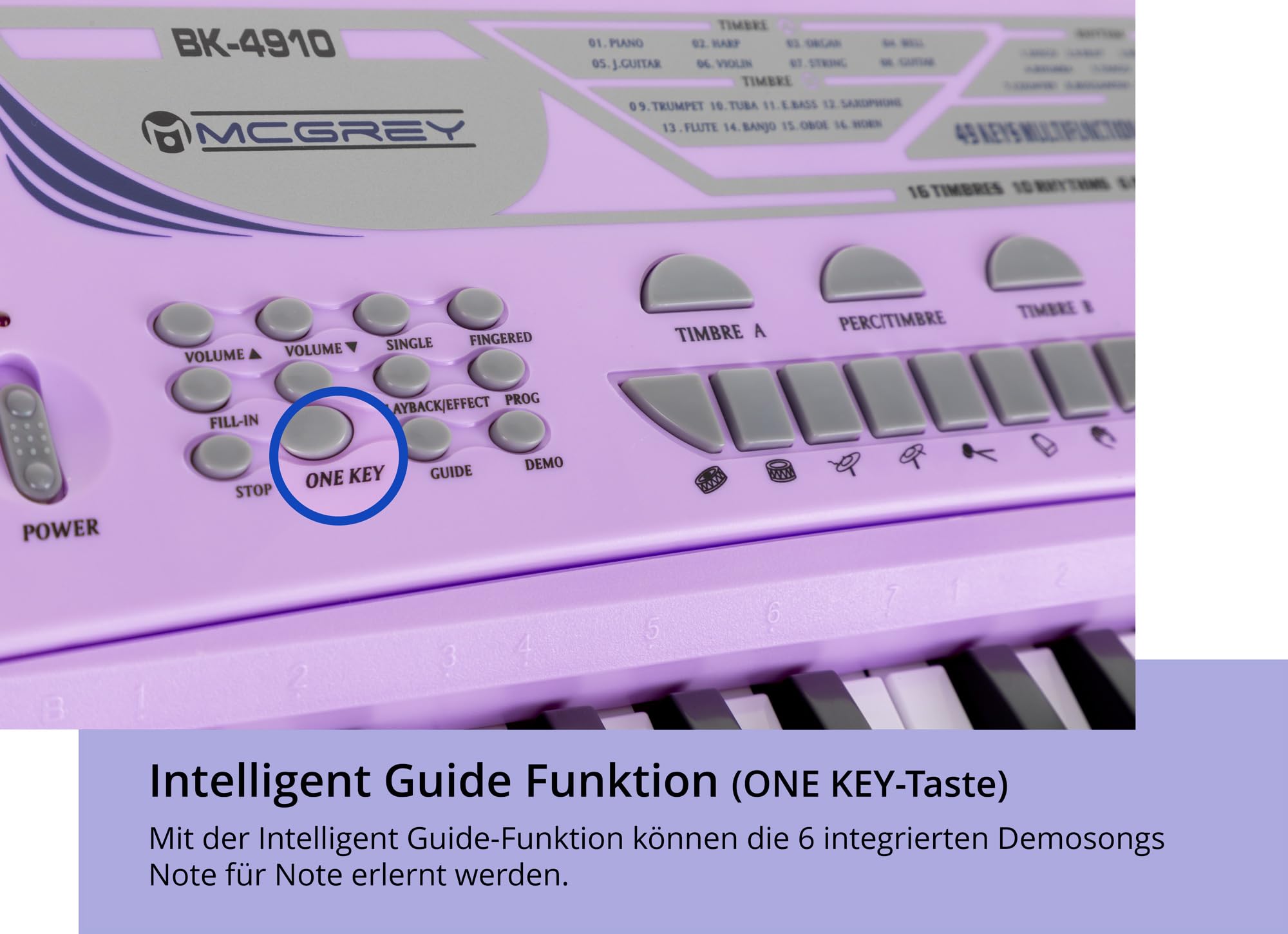 McGrey BK-4910VT Set Tastiera per principianti 49 tasti: 16 suoni, 10 ritmi, 8 percussioni, 6 demo. Include microfono, cuffie KKH-10 per bambini e supporto spartiti. Colore: viola