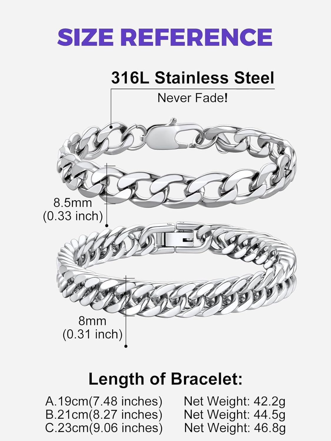 Richsteel 2PCS/3PCS Bracelets Chain for Men Women Stainless Steel Silver/Gold/Black Cuban/Rope Link Chain Bracelets Set, 7.4/8.2/9 Inch Hand Chain Length for Men Women Jewelry - Image 7