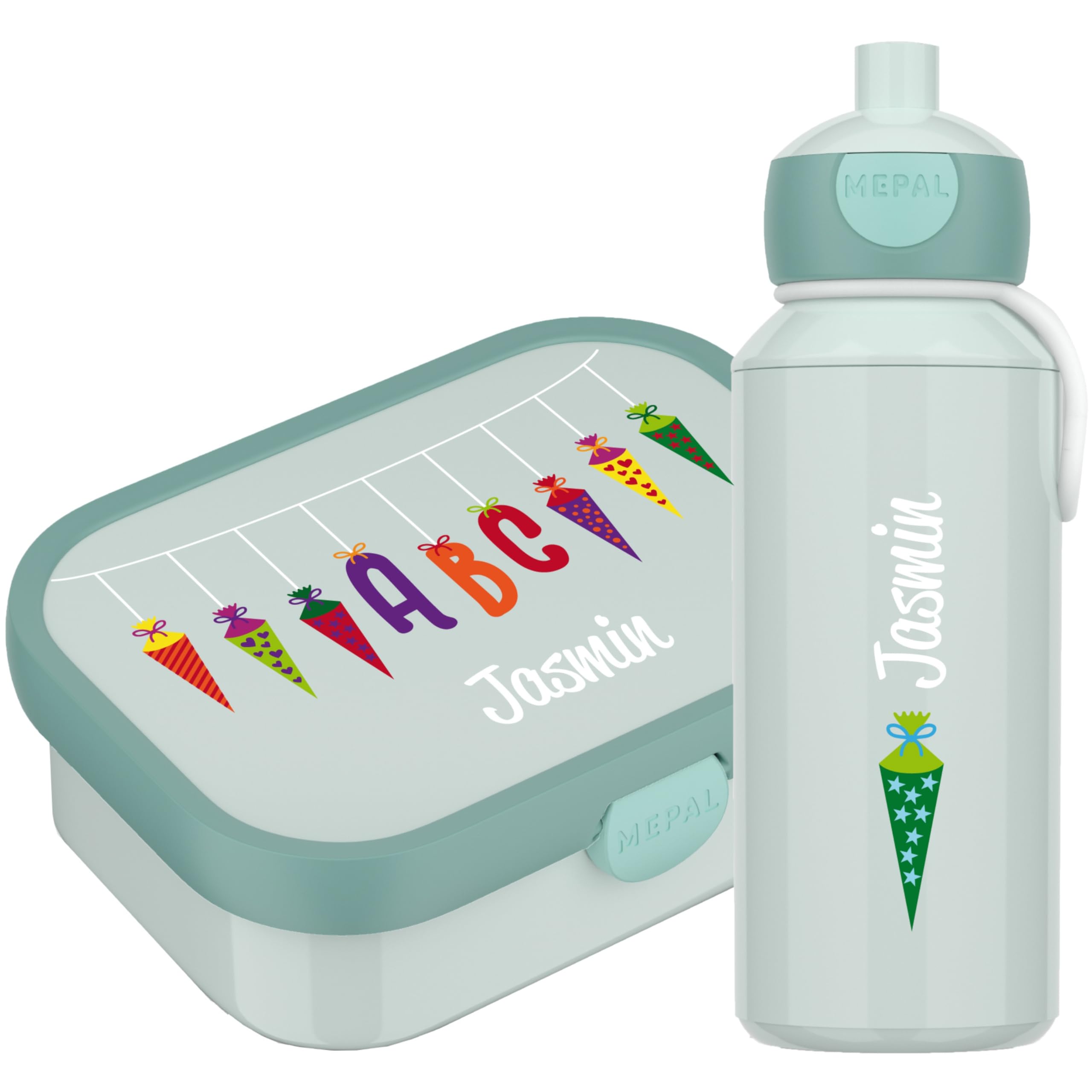 4youDesign Mepal Bento Box & Trinkflasche Set personalisiert Schultüte türkis – Geschenk für Kinder Weihnachten, Nikolaus, Geburtstag - Auslaufsicher – Brotdose 750ml, 400ml Flasche (Cool Mint)