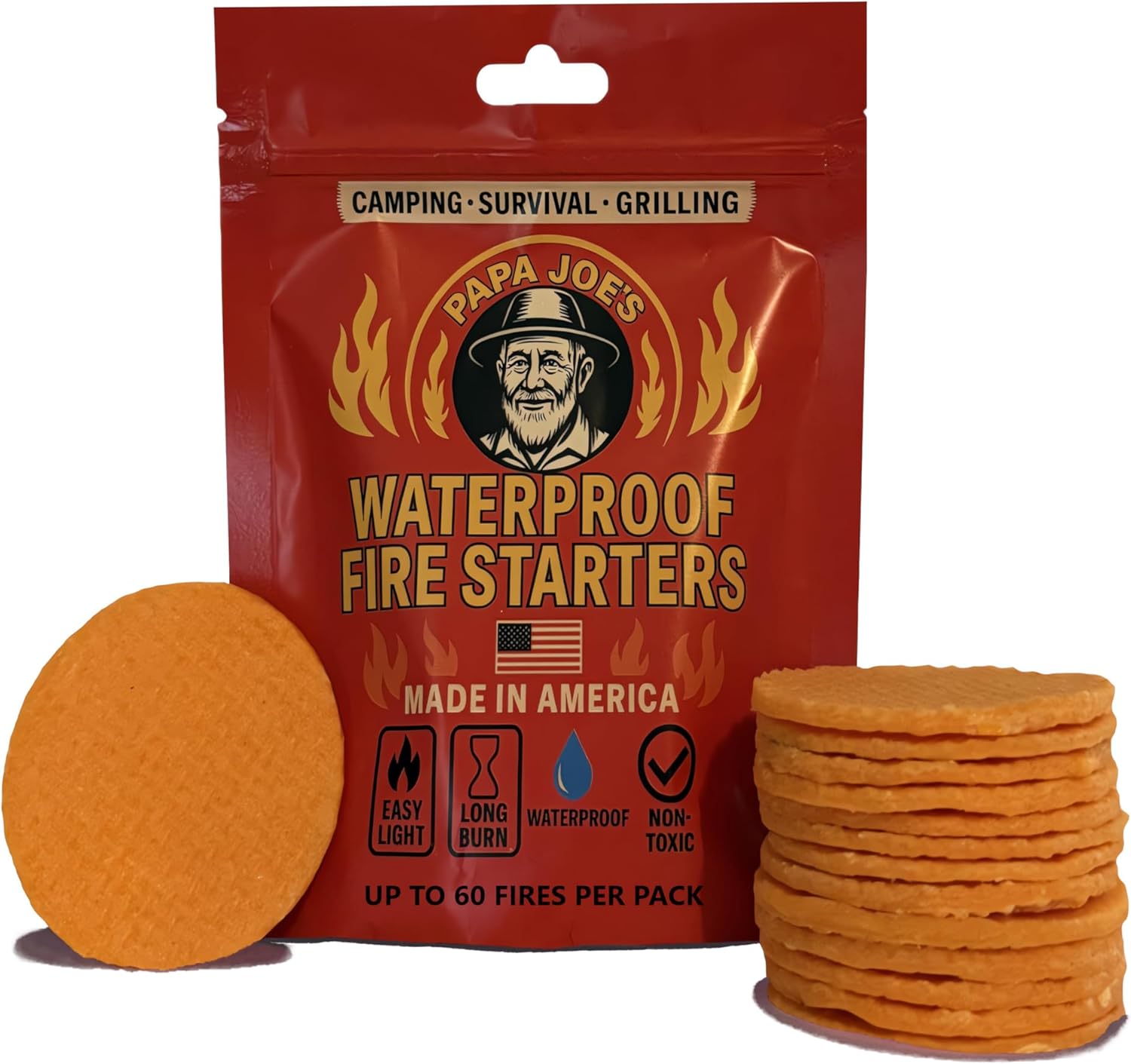 Papa Joe’s Waterproof Fire Starter (15 Disc) Up to 60 Fires | 8-10 Minute Burn Instant Light | Fire Pits, Grills, Survival | 100% Weather Proof for Emergencies | Handmade in USA Camping Accessories Papa Joe’s Waterproof Fire Starter (15 Disc) Up to 60 Fires | 8-10 Minute Burn Instant Light | Fire Pits, Grills, Survival | 100% Weather Proof for Emergencies | Handmade in USA Camping Accessories