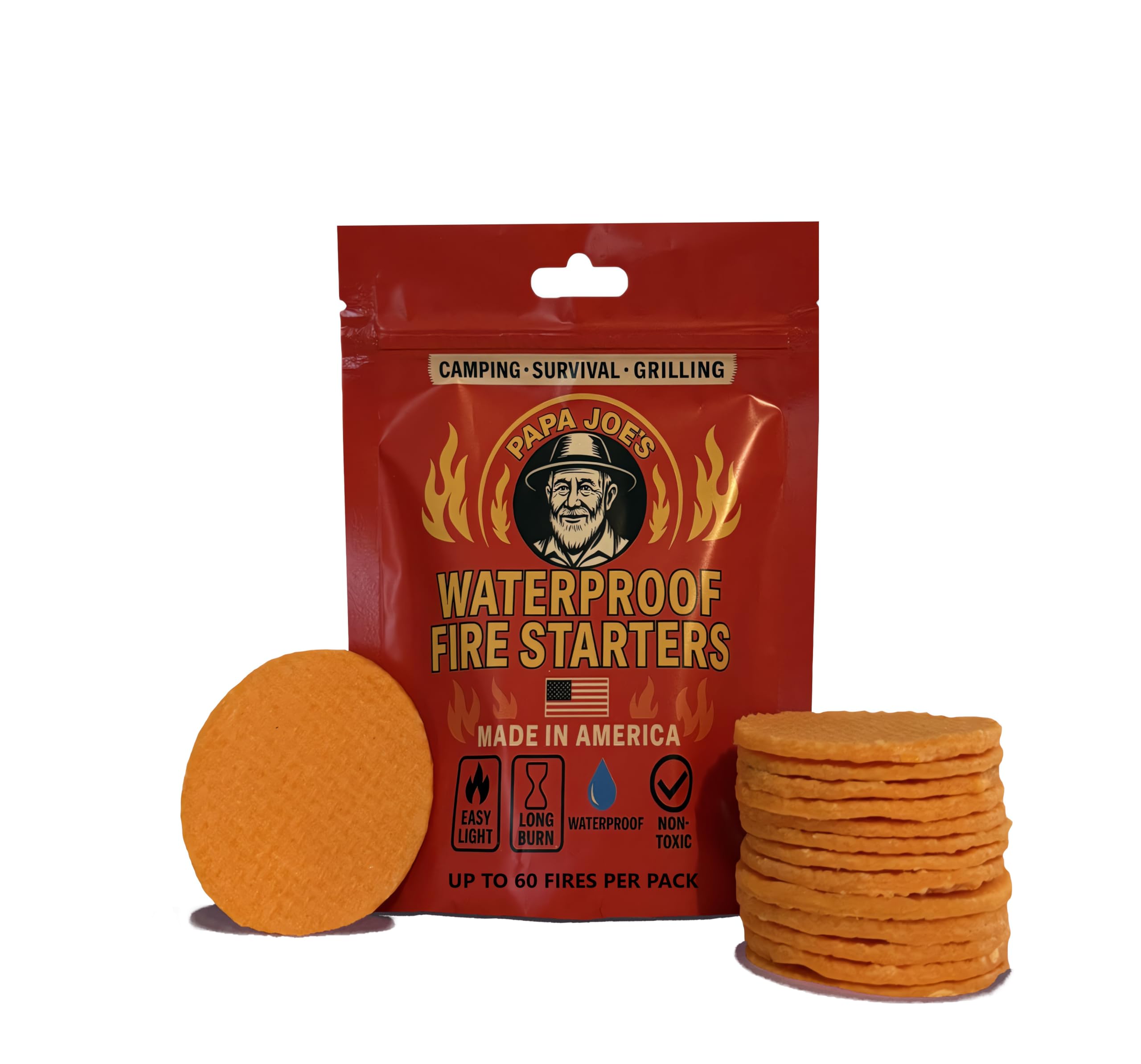 Papa Joe's Wasserdichter Feuerstarter (15 Scheiben) für bis zu 60 Feuer, 8-10 Minuten Brenndauer, sofort leicht, Feuerstellen, Grills, Survival, 100 % wetterfest, für Notfälle, handgefertigt in den