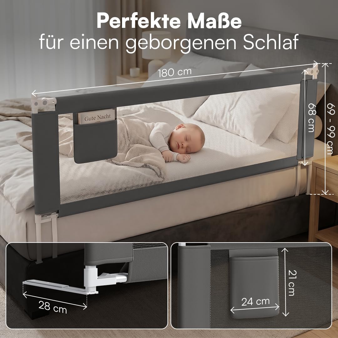 Bellabino Drina Rausfallschutz – Bettschutzgitter 180 cm Dunkelgrau – Bettgitter höhenverstellbar 69-99 cm – Baby Bettumrandung inkl. Seitentasche Schutzgitter mit Sicherheitsgurt Bett/Kinderbett