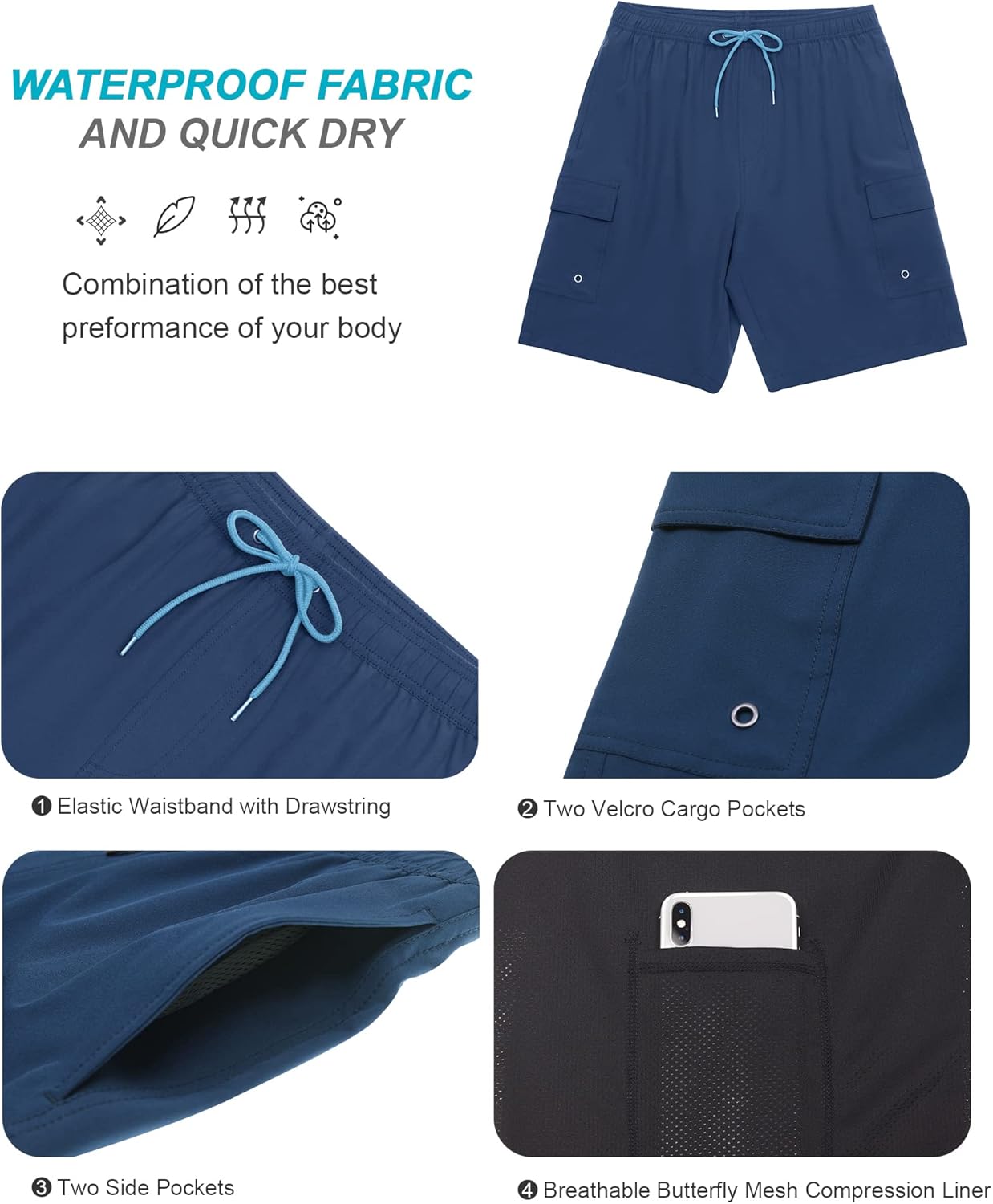 SILKWORLD Men's Swim Trunks with Compression Liner Quick Dry Bathing Suits 9 Inch Swimming Shorts with Cargo Pockets - Image 5