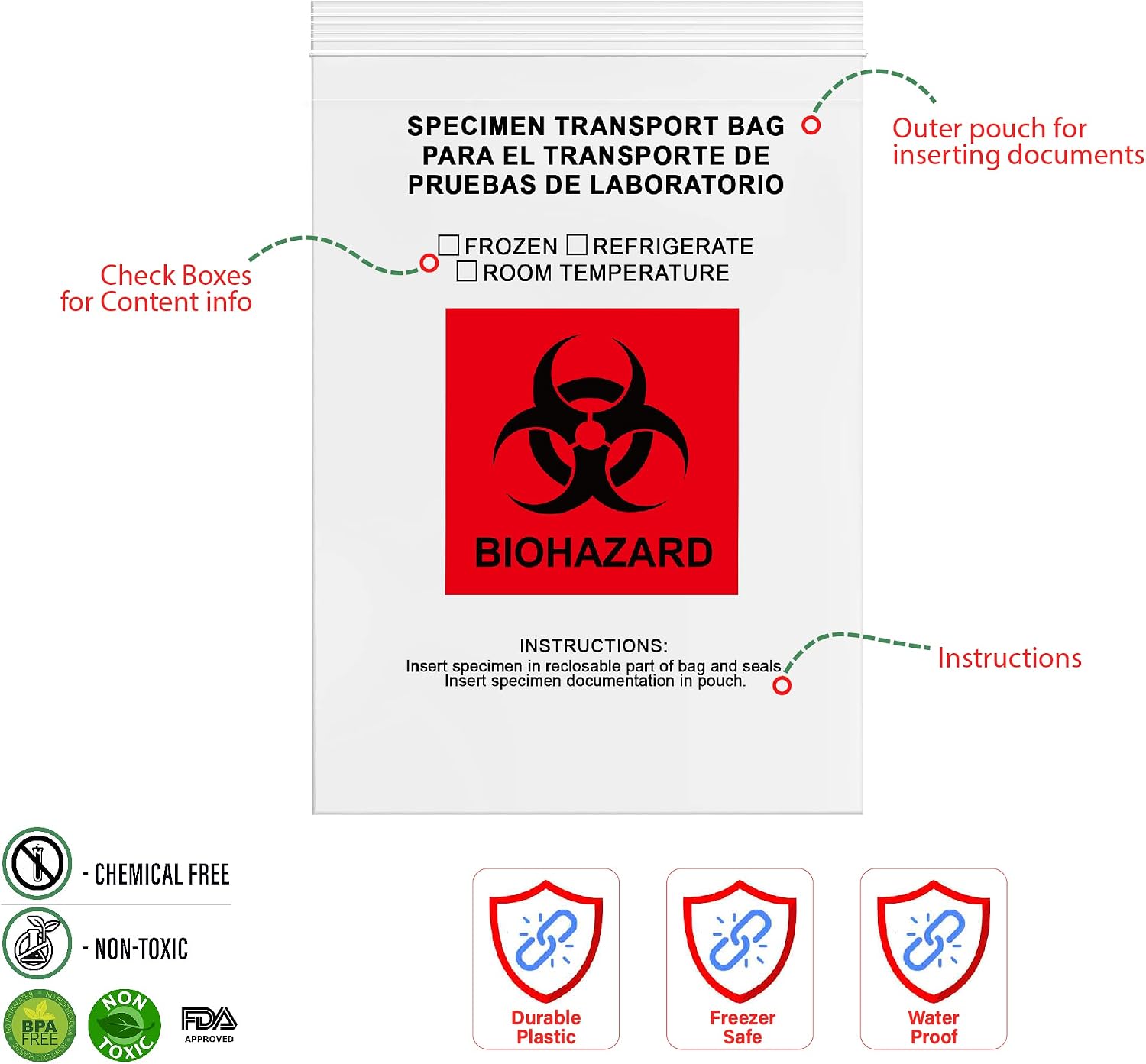 GPI - 9" X 12" 100 Pack, Biohazard Specimen Zip Bags, With Pouch, 2 Mil Thick, For Your Laboratory Or Health Care Facility Samples.